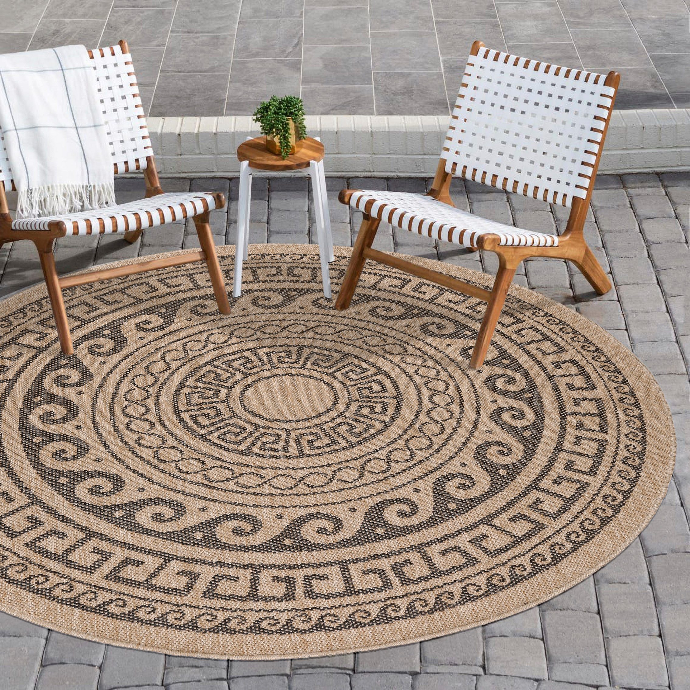 Carpettex Outdoorteppich Vintage Design, Rund, Höhe: 5 mm, Runder Teppich Vintage Design Naturfarben für Terrassen Küchen Balkon