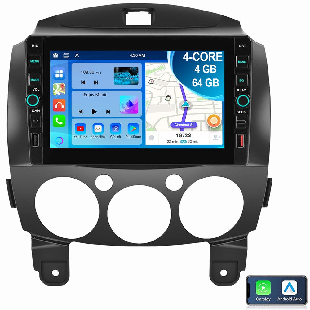 ESSGOO Für Mazda 2 2007-2013 Carplay Android 15 Navigationsgeräte Bluetooth Navigationsgerät (Apple Carplay Android Auto GPS FM AM RDS WIFI)