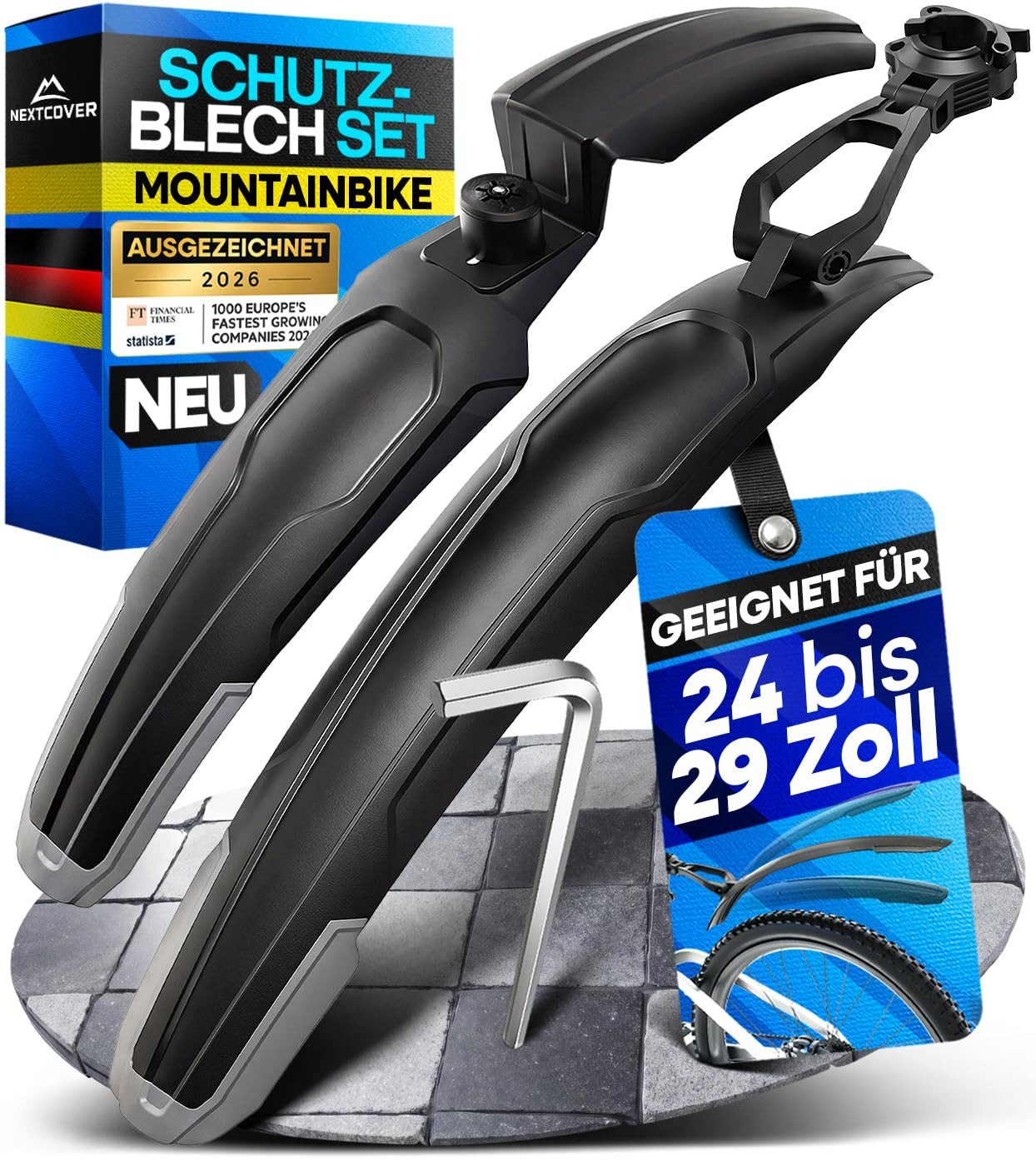 Nextcover Schutzblech Fahrrad Schutzblech Mountainbike Set für Vorne & Hinten, Abnehmbares MTB Schutzblech Set mit Anleitung & Werkzeug
