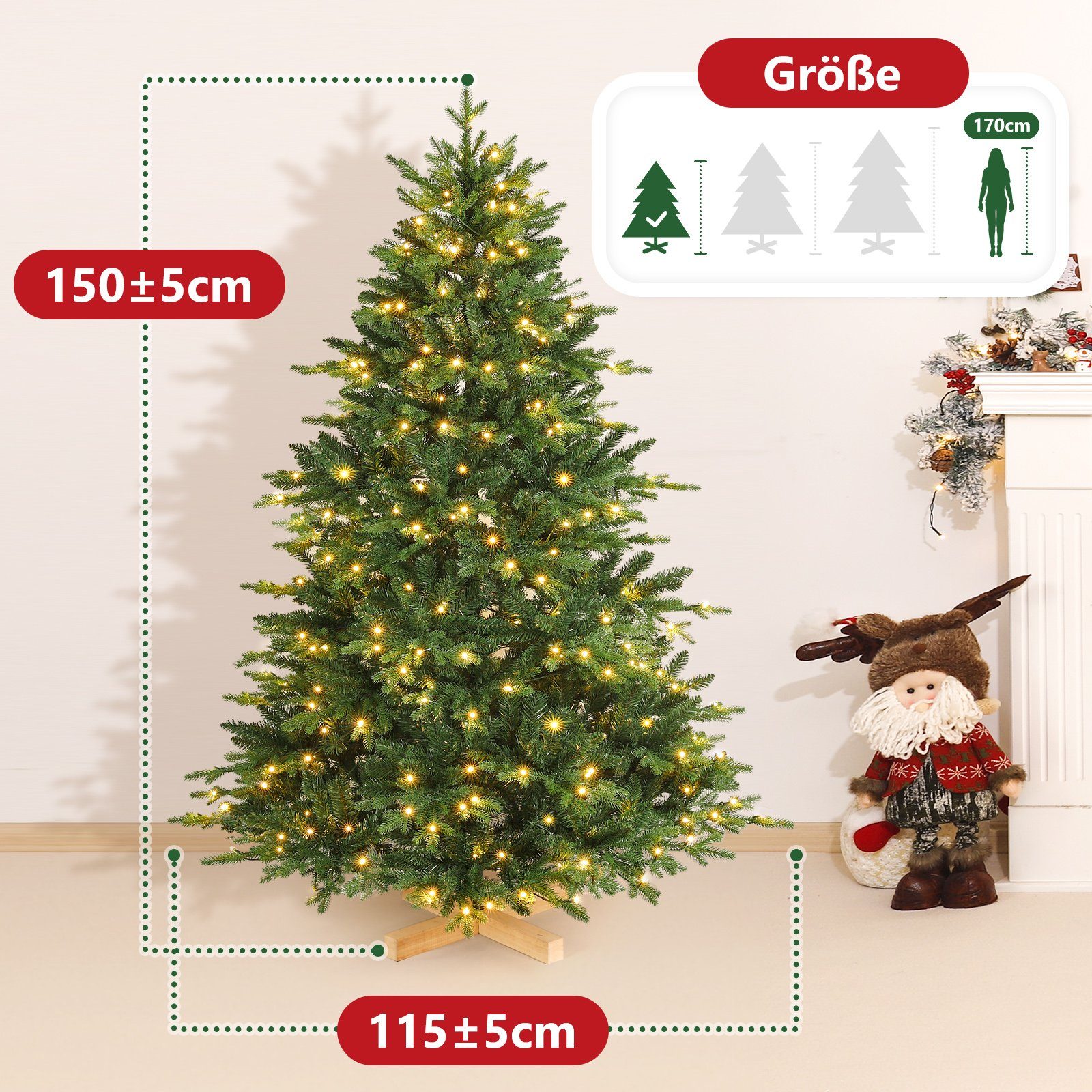 Yorbay Künstlicher Weihnachtsbaum Künstlicher Tannenbaum mit LED Beleuchtung, Weihnachstbaum aus PE, PVC, 150 / 180 / 210 cm auswählbar, mit Holzständer, Nordmanntanne, Weihnachtsbaum Christbaum für Weihnachten-Dekoration