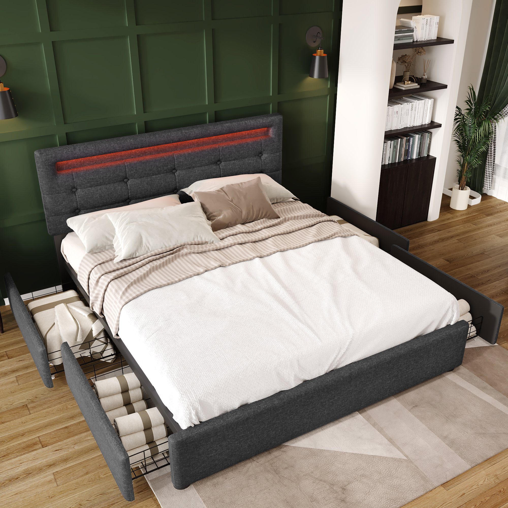 Polsterbett (mit LED-Beleuchtung, Fernbedienung und verstellbarem Kopfteil), Doppelbett mit Lattenrost, 4 Schubladen, Leinen, 140x200cm Bett