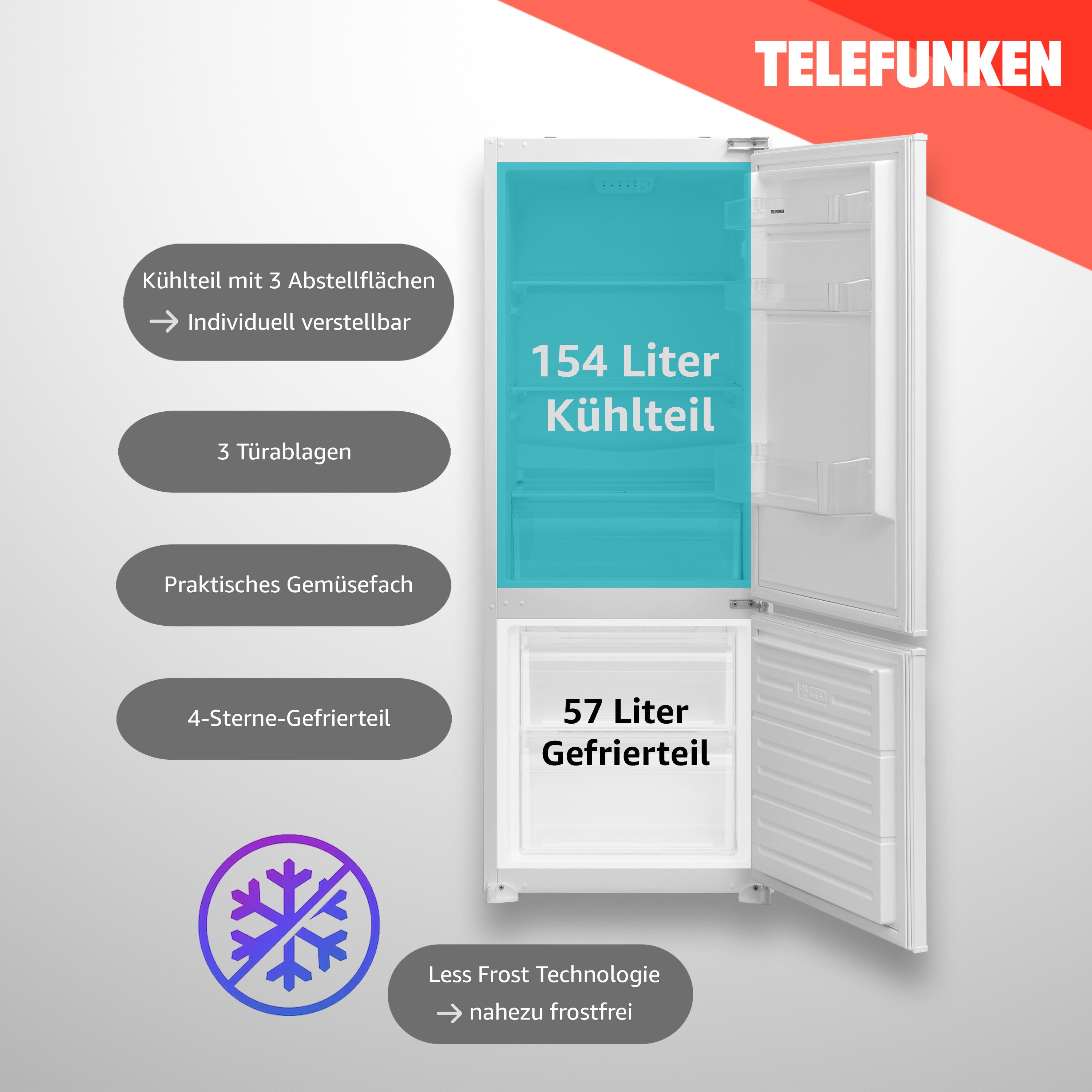 Telefunken Einbaukühlgefrierkombination C-EKG-144-ST-E, 144 cm hoch, 54 cm breit, 144 cm hoch, 211 Liter, Einbaukühlschrank mit Gefrierfach, groß, weiß