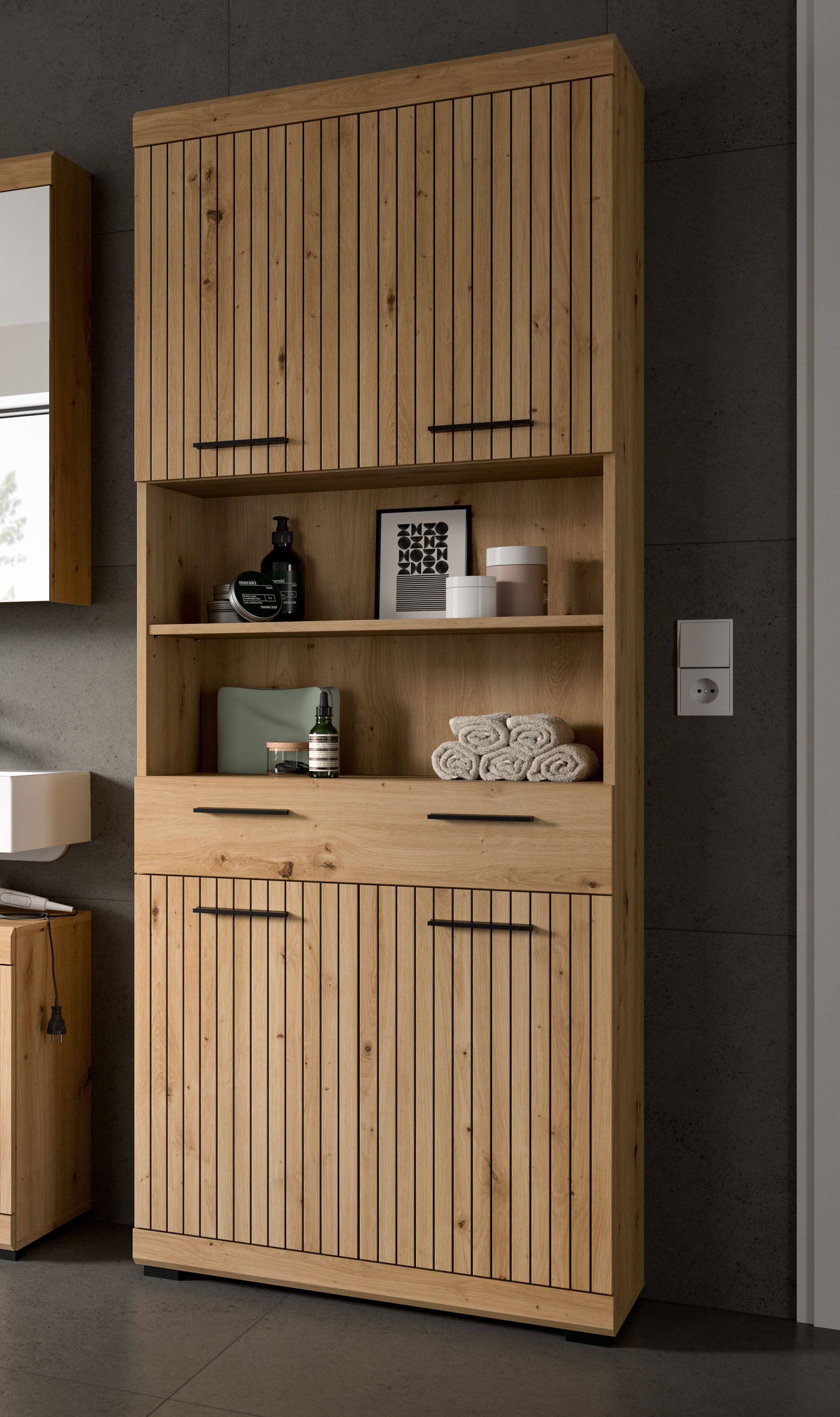 welltime Hochschrank SIENA, Breite 74cm, 4 Türen, 1 Schubkasten, 2 offene Fächer, MDF-Front (TOPSELLER) in verschiedenen Farben erhältlich, Badmöbel, Badschrank, Schrank, Bad