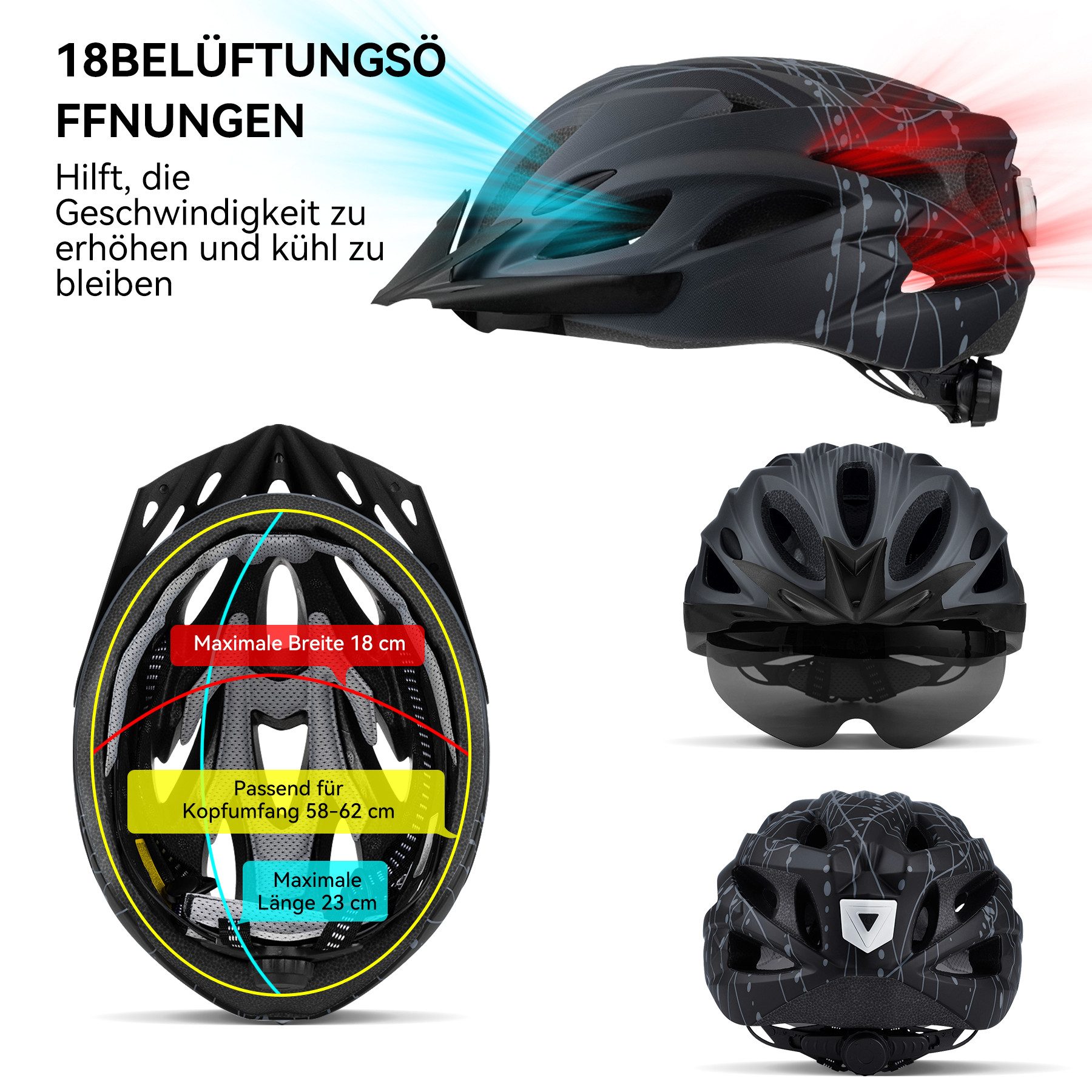 Senmudi Fahrradhelm Fahrradhelm für Herren und Damen,fahrradhelm mit visier (Radhelm, Cityhelm mit abnehmbarem magnetischem Visier, atmungsaktiv, 18 Belüftungskanäle, einstellbarer Radhelm mit LED-Licht), Sicherheitsschutz Trekking-und Rennradhelm, Fahrradhelm für Erwachsene