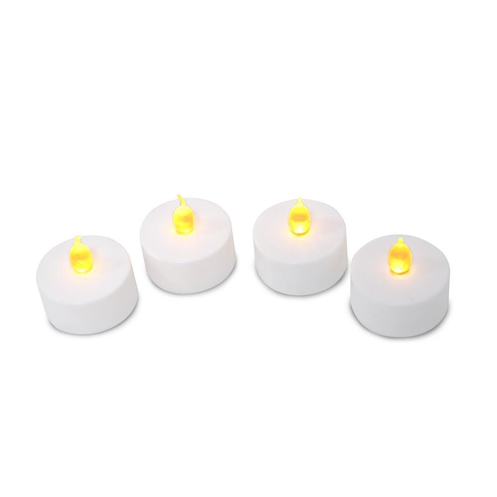save-E Teelicht tealight 4 LED Teelichter, gelb / orangefarbenes Kerzenflackern, rußfrei, windunempfindlich, kindersicher, 4er Pack, inkl. CR2032 Knopfzellen, ca. 120 St. Leuchtdauer, 4 weiße LED Kerzen