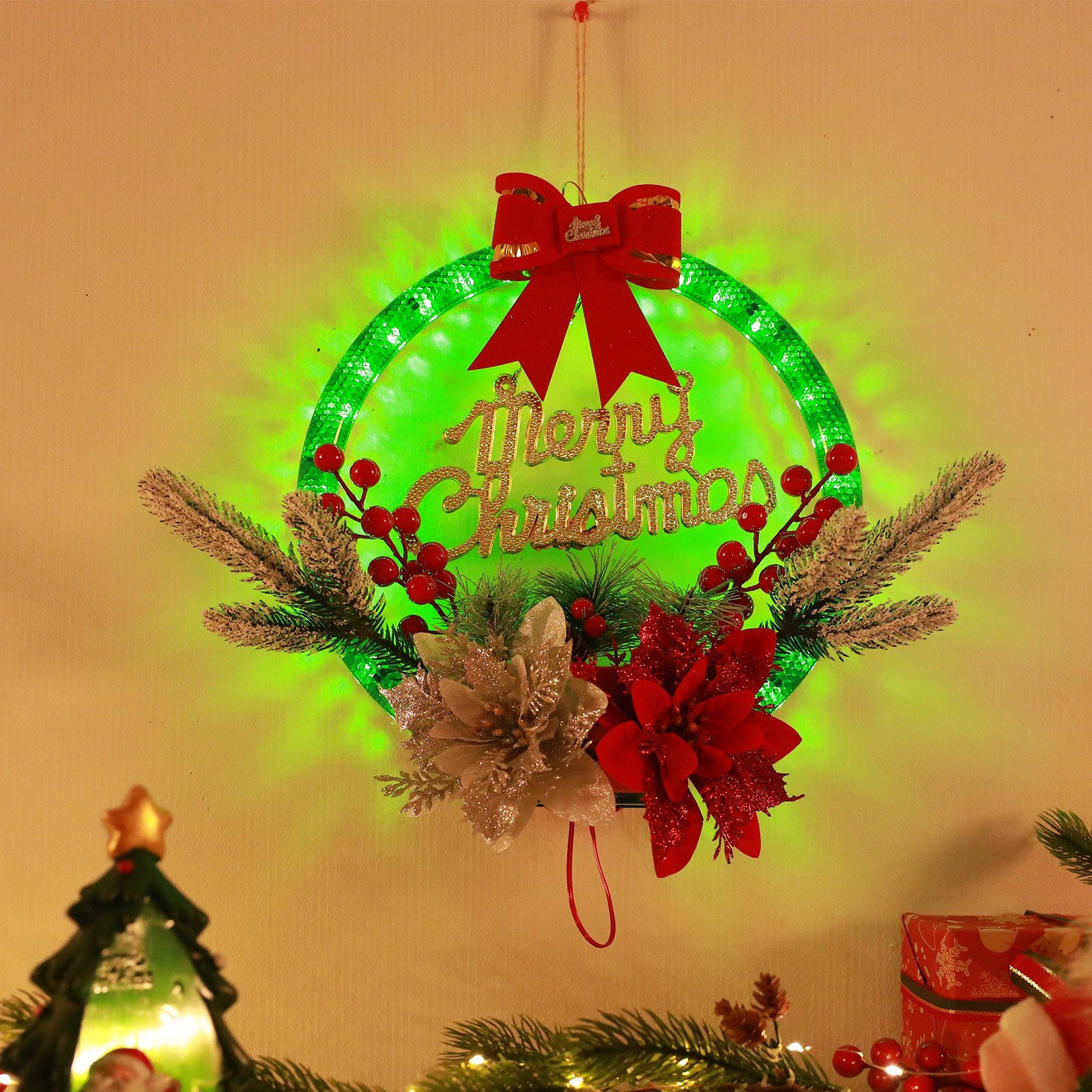MUPOO LED Dekoobjekt Weihnachtskranz Kunstkranz Türkranz,LED-Lichterkette,Girlande,Batterie, Dekoobjekt, Gold-Rot, die für 28 cm Haustür,Tannenzapfen,Girlanden dekorierte