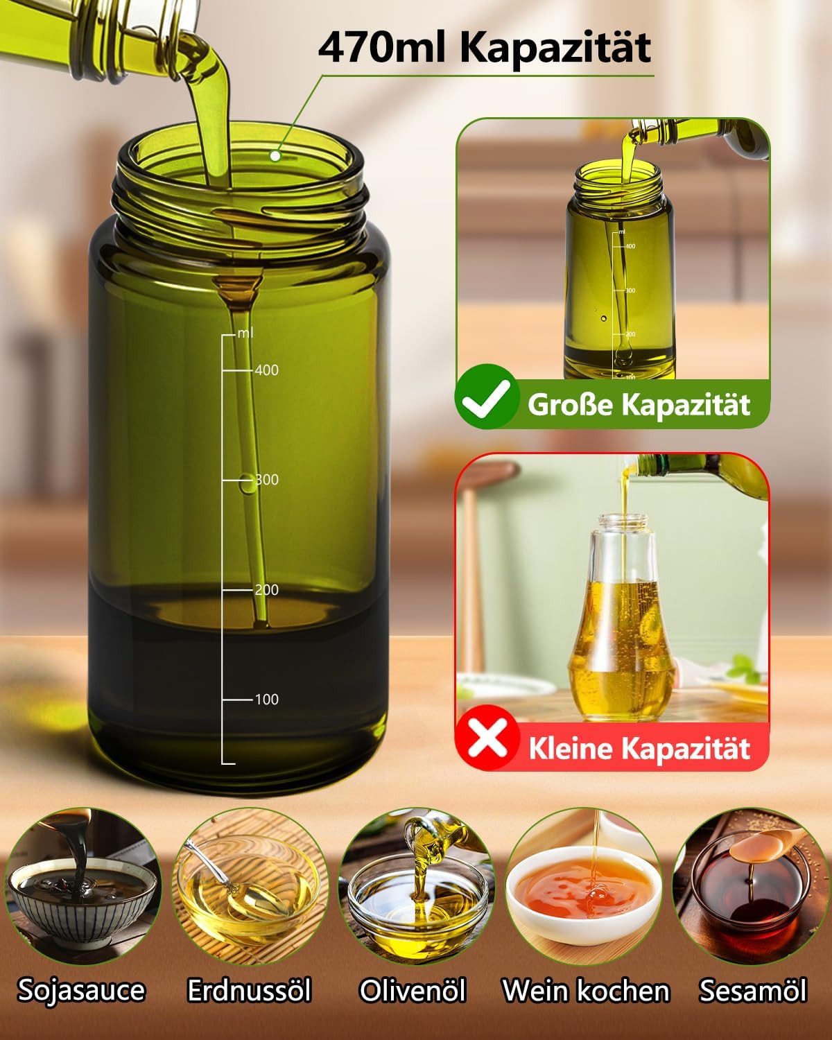 Forrlite Ölspender Ölsprüher 2-in-1 Ölsprühflasche Ölflasche Olivenöl Spray 470ml, (Glas-Ölspender mit Sprüh- und Ausgießfunktion, ideal für Küche, Heißluftfrit – Bild 5 von 5