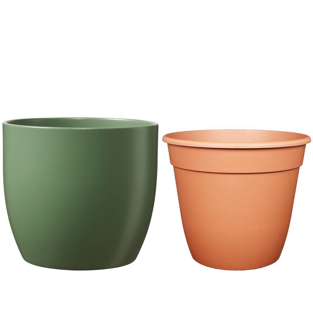 Heimwerkercenter Übertopf Set - Keramikübertopf Basel ø21 cm, moosgrün matt + Pflanztopf ø20
