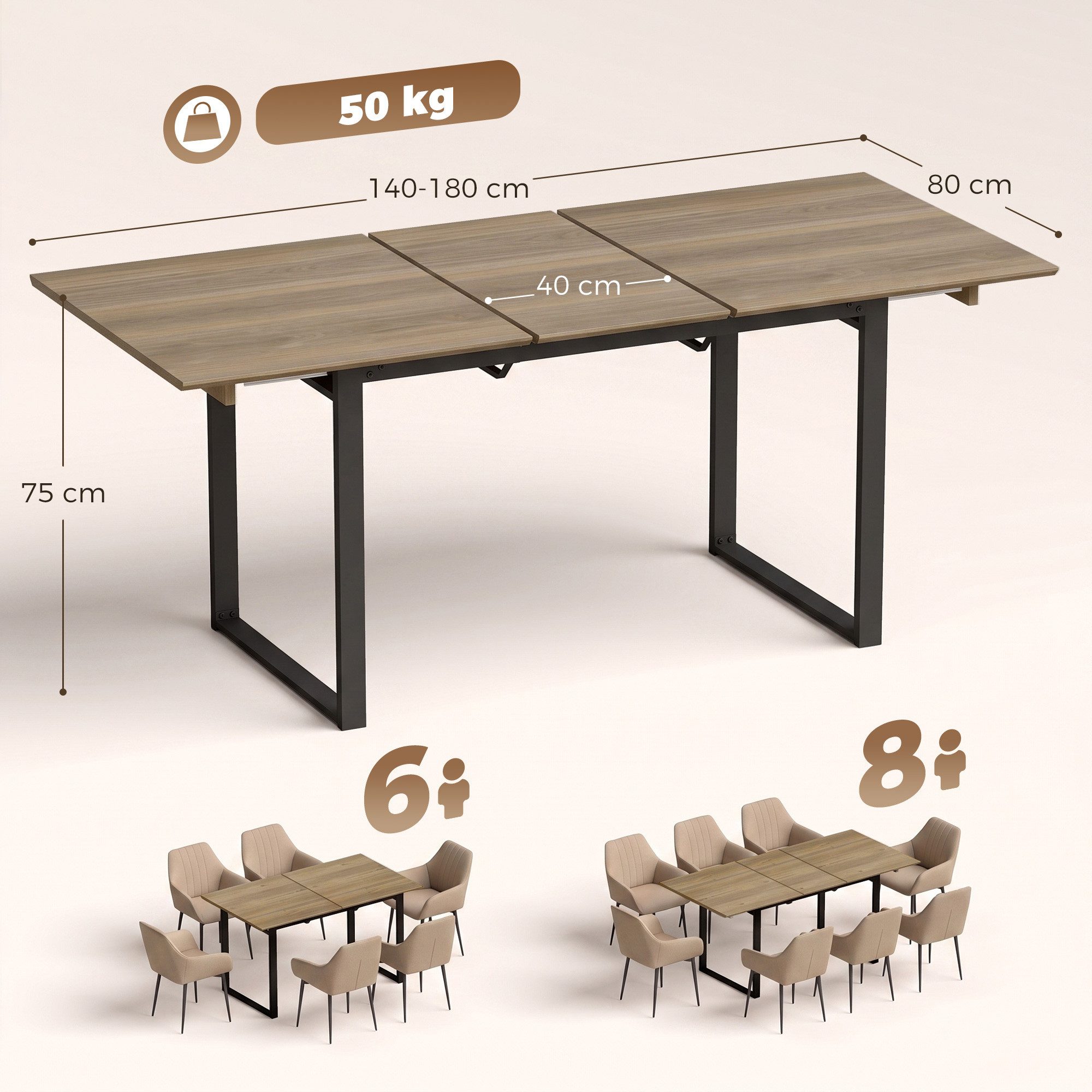 HOMCOM Esstisch ausziehbar Industrial Tisch mit Tischbeine aus Stahl für 6-8 Personen (Esszimmertisch, 1-St., Küchentisch), für Esszimmer, Küche, Braun – Bild 3 von 5