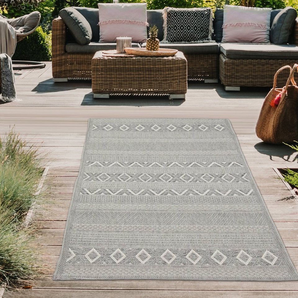 Outdoorteppich In- & Outdoor Teppich Sisal Optik Wohnzimmer Küche Terrasse  Balkon Diamanten Rautenmuster gestreift graufarben, Teppich-Traum,  rechteckig, Höhe: 10 mm