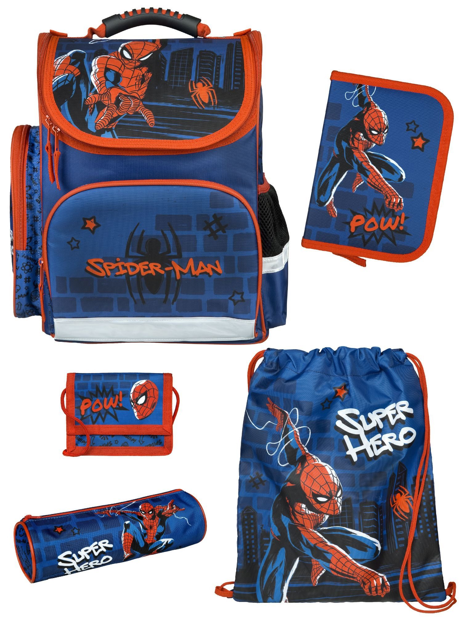 Familando Schulranzen SPIDER-MAN Schultasche ab der 1. Klasse, Blau (Set, 5-tlg., inkl. Federmäppchen, Schlamper, Turn- & Geldbeutel), ergonomisch, 930 Gramm leicht, 15L Volumen