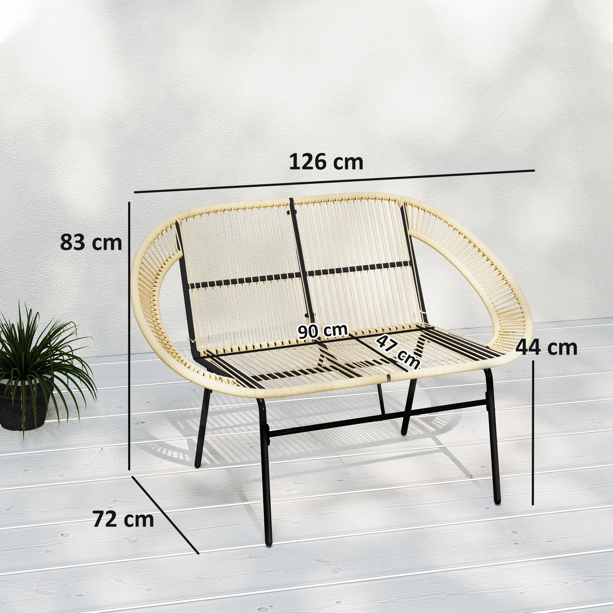 Outsunny Gartenbank 2-Sitzer, aus Polyrattan, im Rattanflecht-Design, UV-Beständig (Gartenstuhl, 1-St., wetterfest Sitzbank), 260kg belastbar, für Balkon Terrasse, Garten 126x72x83cm, Khaki