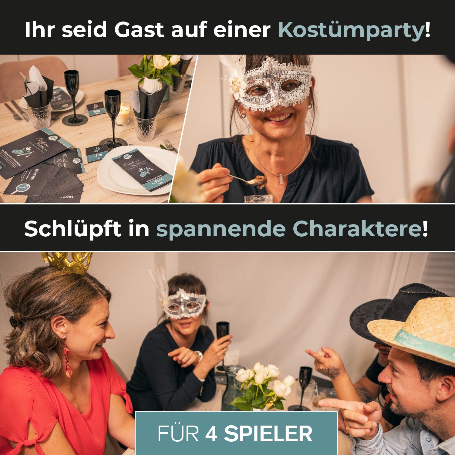 mitmach-krimi Spiel Krimi-Dinner, Mord im Kostüm - Champagener-Rausch und eine Leiche - Spiel für 4 Personen