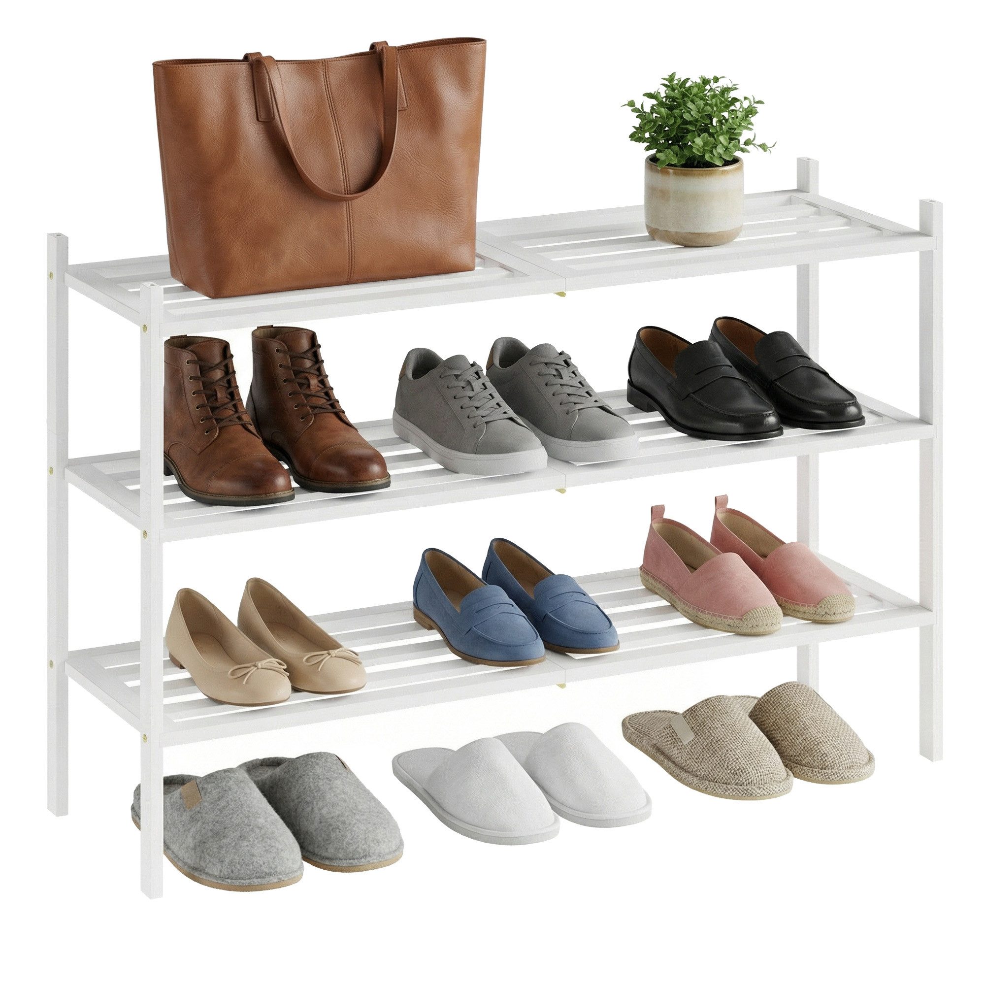 SONGMICS Schuhregal aus Bambus, Schuhablage 3 Ebenen, stapelbar, Regal für 12-16 Paar Schuhe, 25 x 70 x 51,5 cm