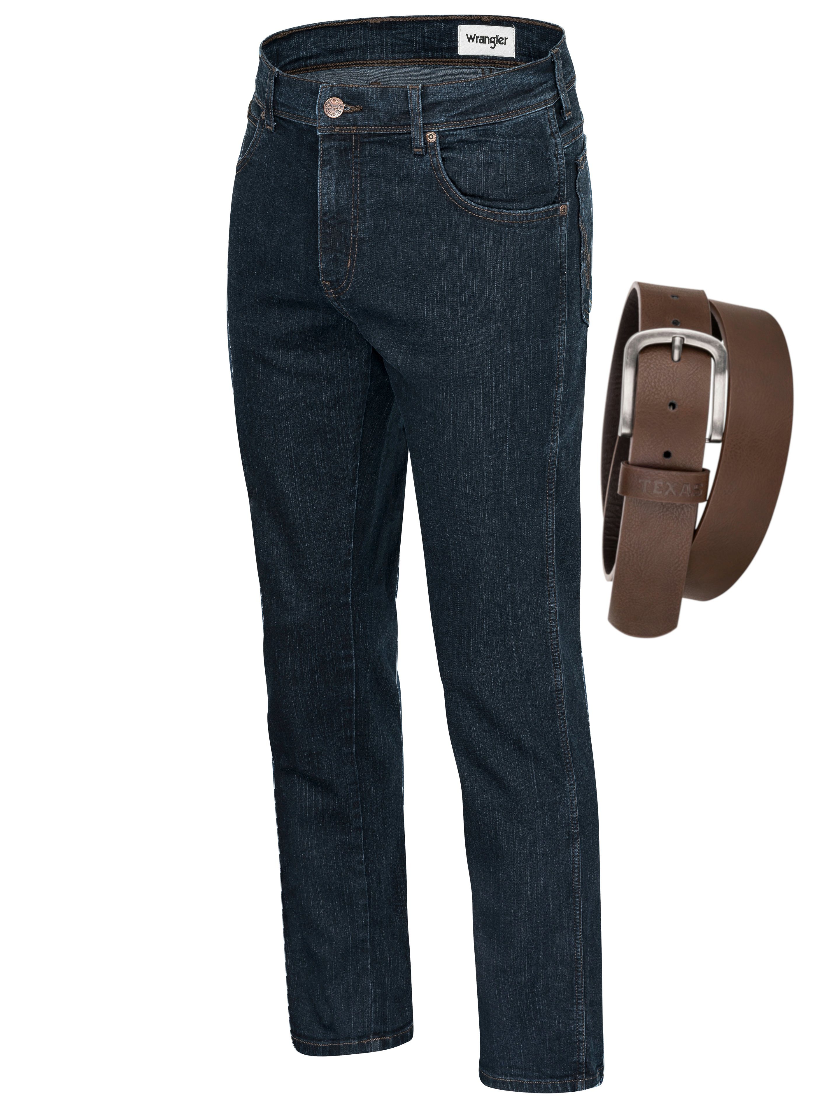 Wrangler Straight-Jeans Texas Authentic Straight Herrenjeans Jeans Stretch mit Gürtel Blue Black + brauner Gürtel
