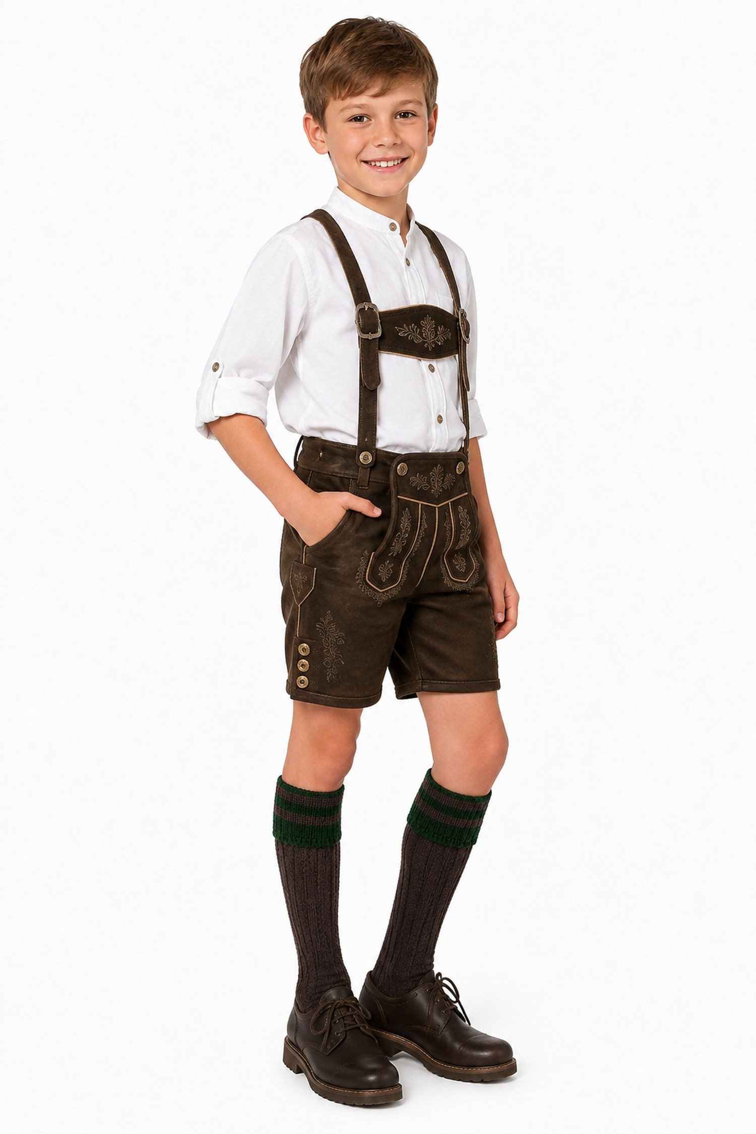 Isar-Trachten Kniestrümpfe Jungen Socken mit Zopfmuster, Braun / Grün – Bild 3 von 4