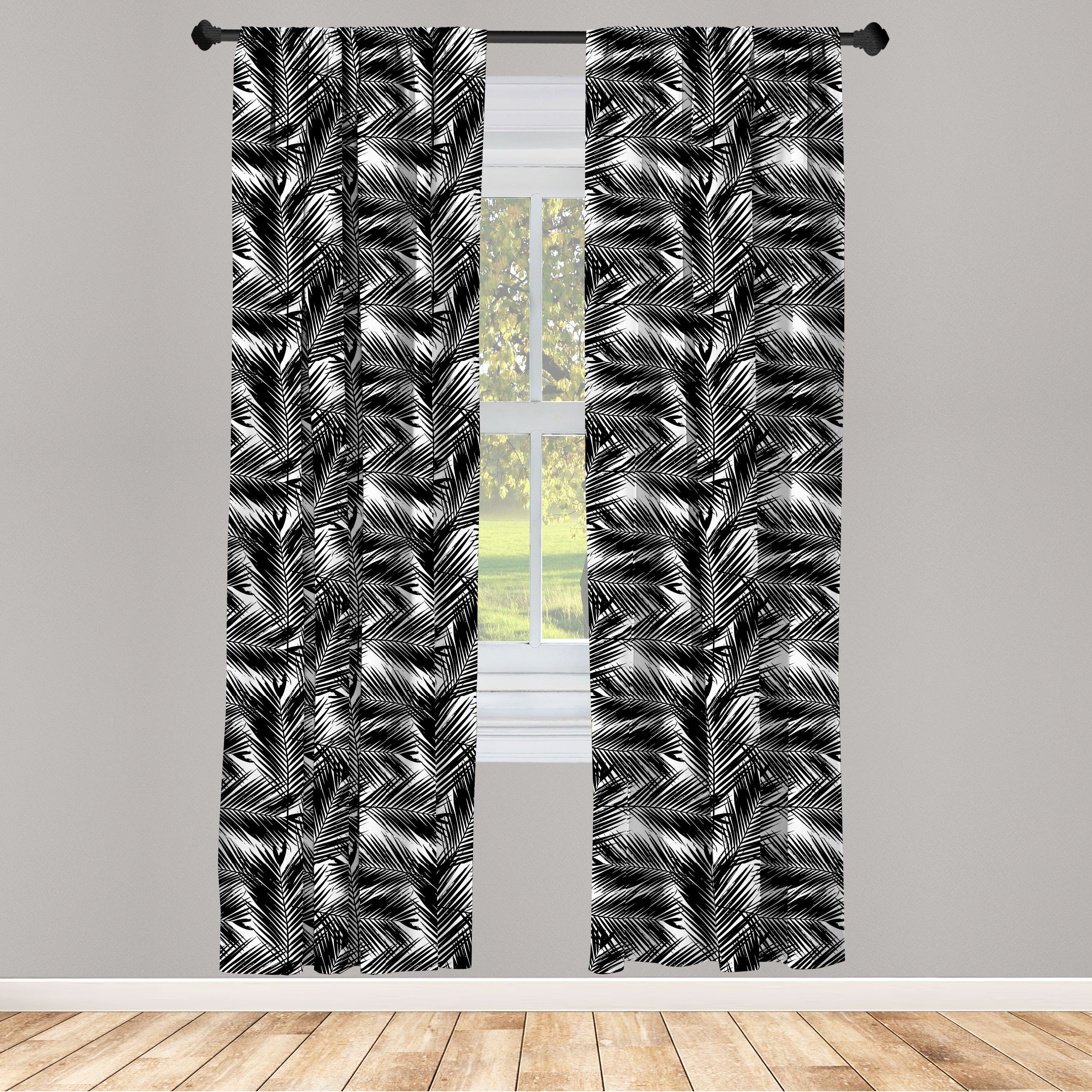 Gardine Vorhang für Wohnzimmer Schlafzimmer Dekor, Abakuhaus, Microfaser, Schwarz und weiß Fan Palm Leaves
