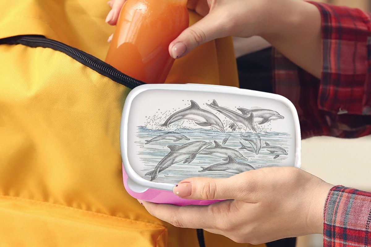 MuchoWow Lunchbox Delfine - Wasser Kunststoff, Snackbox, für rosa - Tiere, Mädchen, Kunststoff Brotdose Kinder, (2-tlg), Brotbox Erwachsene