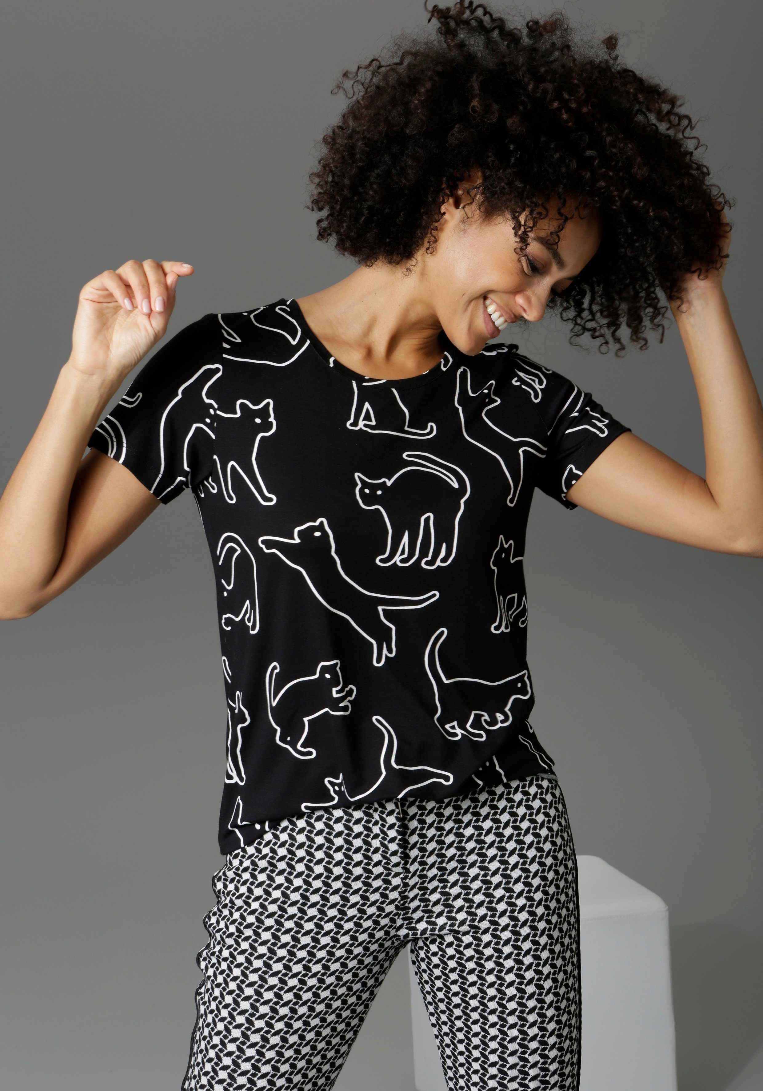 Damen Shirts Aniston CASUAL T-Shirt mit Katzen bedruckt