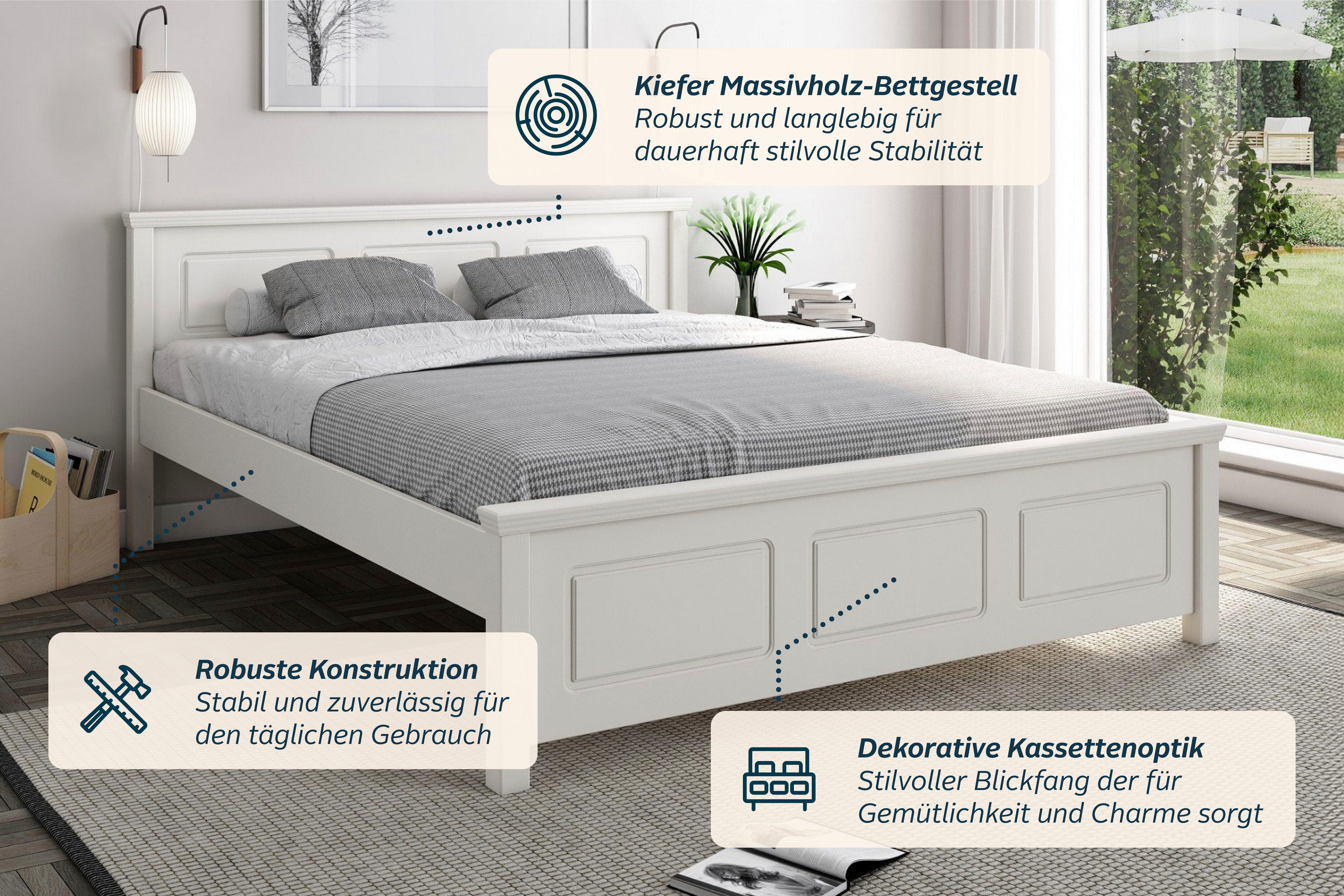 OTTO home Massivholzbett ERIKK', Made in Europe, optional mit Schublade, Massivholz Kiefer (FSC® zertifiziert), in mehreren Größen, Landhausstil mit Kassettenop – Bild 4 von 5
