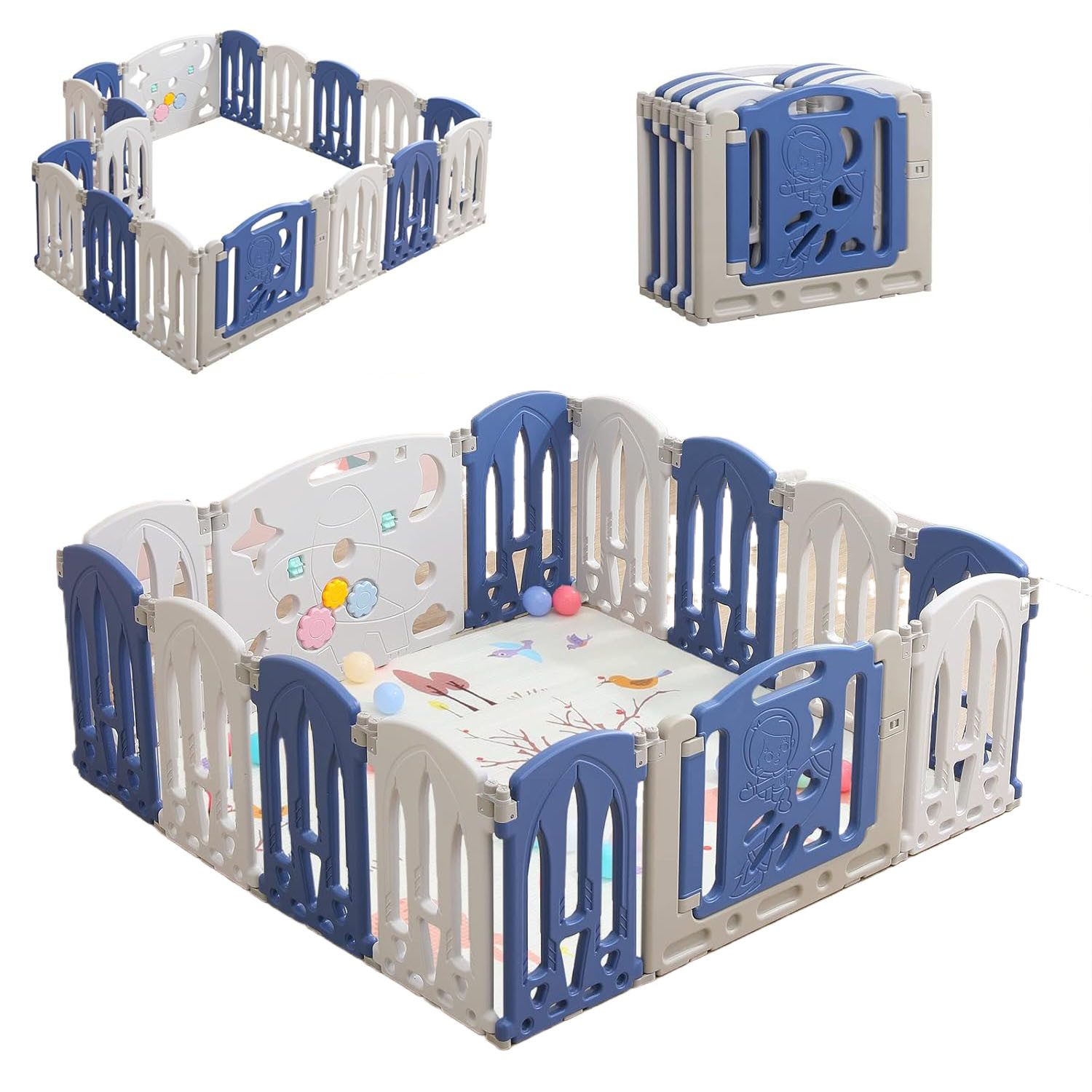 AIMAX Laufgitter Baby Laufstall Faltbarer Basketballkorb Absperrgitter (14-tlg), mit Spielzeugtafel & Türtafel Krabbelgitter Rutschfester