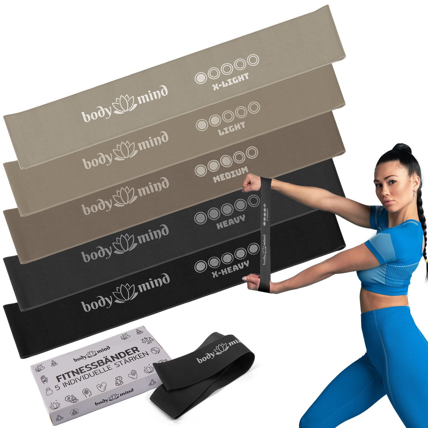 Body & Mind Fitnessrolle Fitnessbänder 5 Stück (Widerstandsbänder in 5 Stufen, Traingsbänder für Muskelaufbau), Yoga, Pilates & Work-Out
