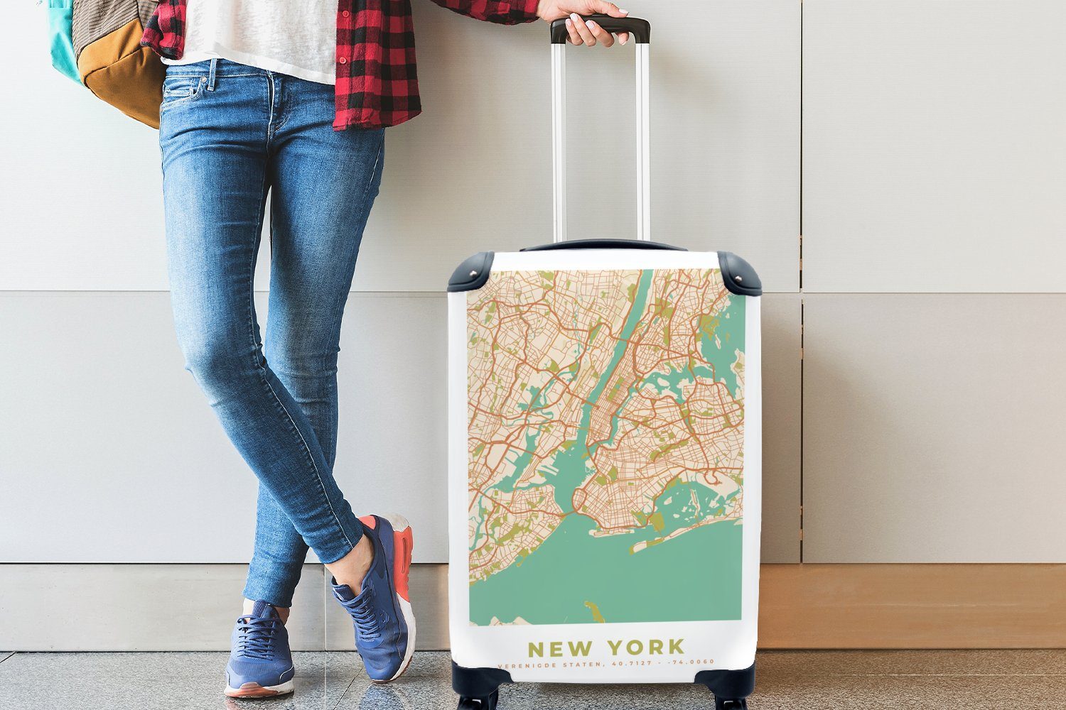 MuchoWow Handgepäckkoffer New York für mit Reisekoffer Stadtplan 4 Karte, Handgepäck - - Rollen, Ferien, Vintage Reisetasche - Trolley, rollen