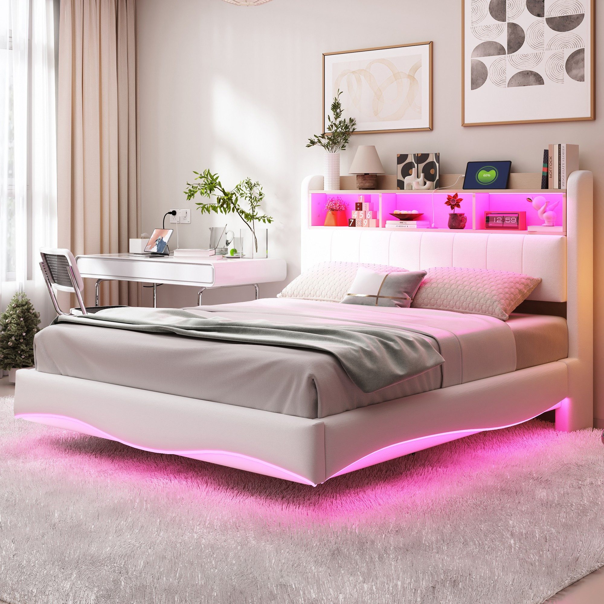 BlingBin Polsterbett Abgehängtes bett Doppelbett Multifunktionales Stauraumbett (1er Set, 1-tlg., Polsterbett mit LED-Licht, USB- und TYPE-C-Schnittstelle, 140 x 200 cm), Geschwungener Rahmen, schwebende Optik, Leinenstoff