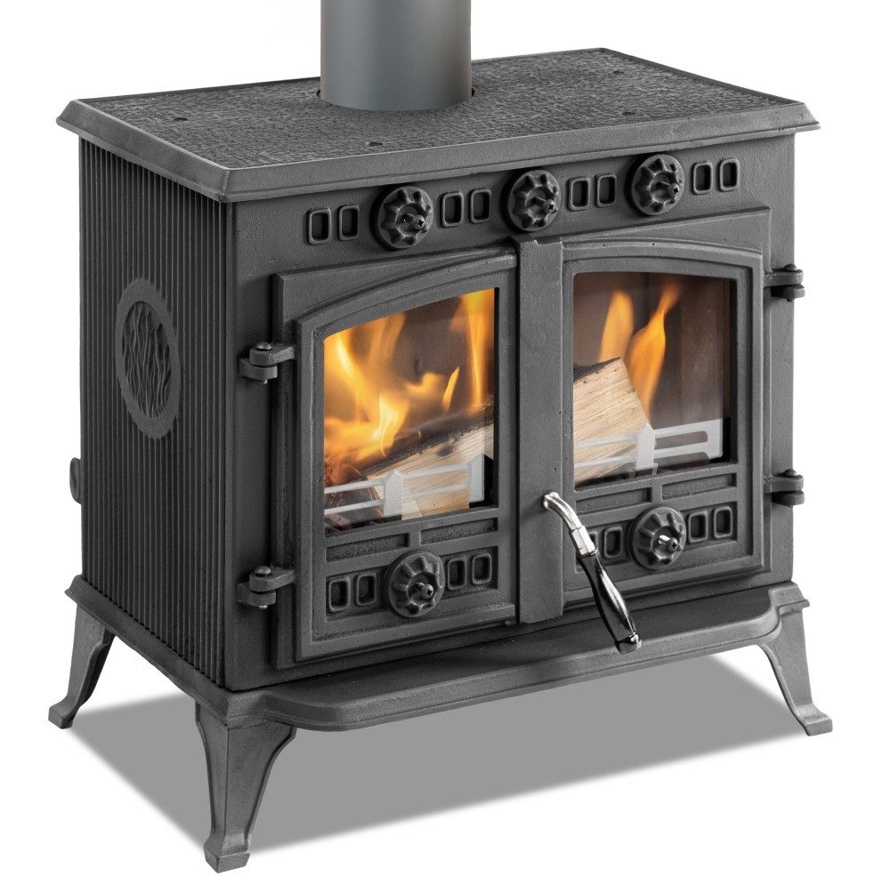 ECOfoxx Kaminofen EEK A Gusskaminofen mit Flügeltüren Modell JA006, Holz&Kohle, 9,8 kW, Dauerbrandfähig, massiver Gusseisen, großer Aschekasten in Schaufelform, Bauart 1