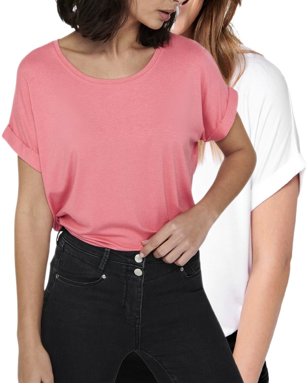 ONLY T-Shirt Stilvolles Basic Shirt mit Rundhalsausschnitt (2er-Pack) unifarbenes Oberteil aus Baumwollmischung, Größe S
