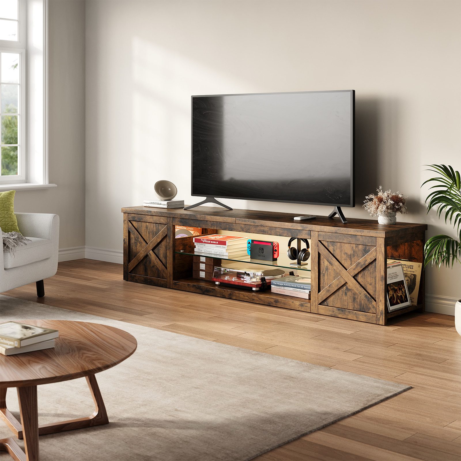 Patbrela TV-Schrank Landhausstil mit RGB-LED verstellbarem Einlegeboden & offenem Stauraum