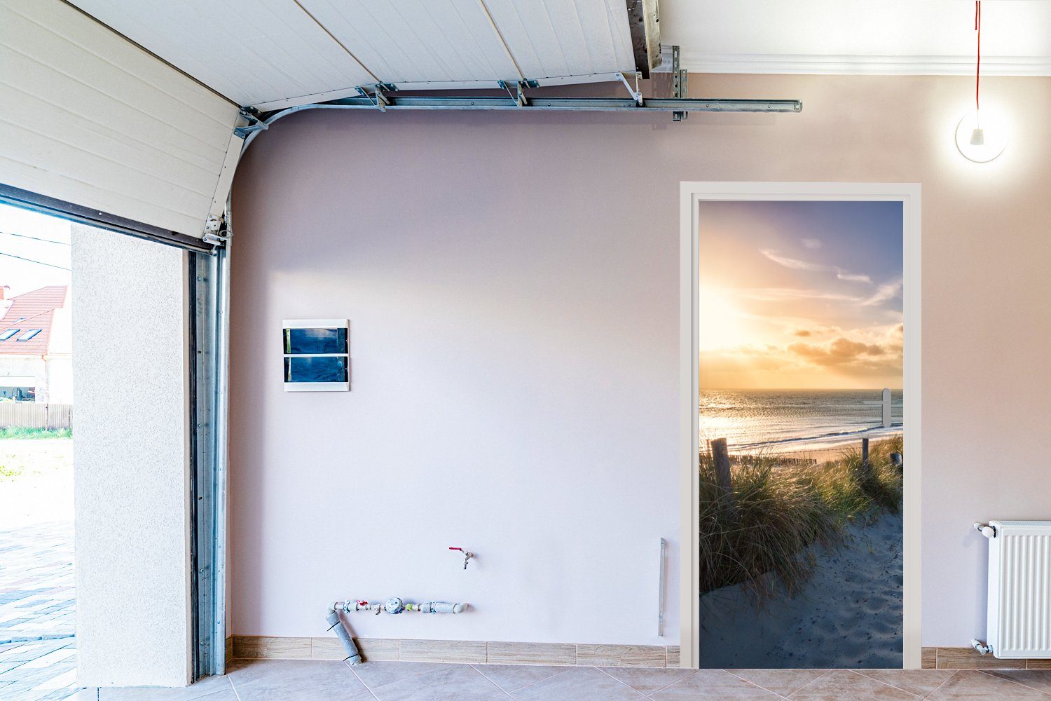 MuchoWow Türtapete Matt, - Gras Fototapete 75x205 cm - Sonnenuntergang St), Tür, - Düne - bedruckt, für (1 Türaufkleber, Bank, Strand