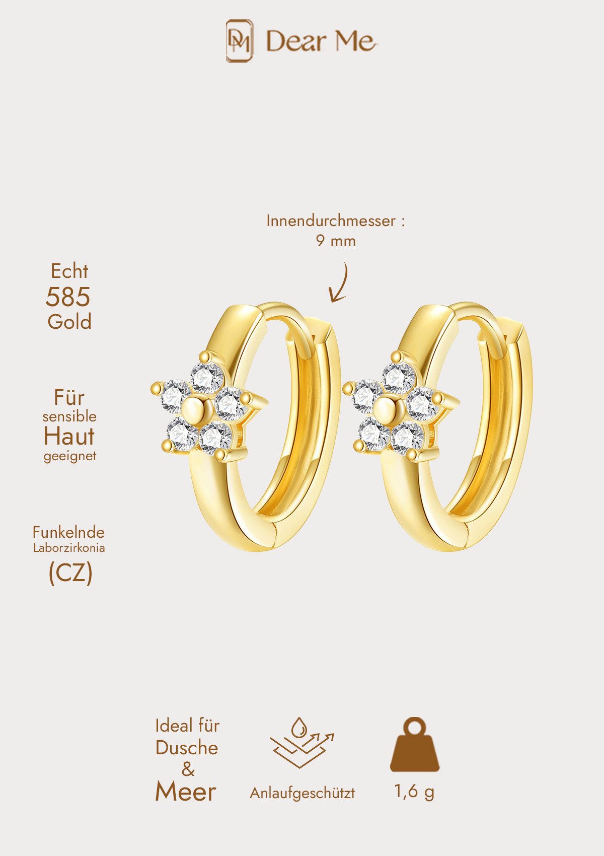 Dear Me Klappcreolen Kristall Blume, 14K Gelbgold, 585 Gold Ohrringe für Damen, Echtgold Schmuck