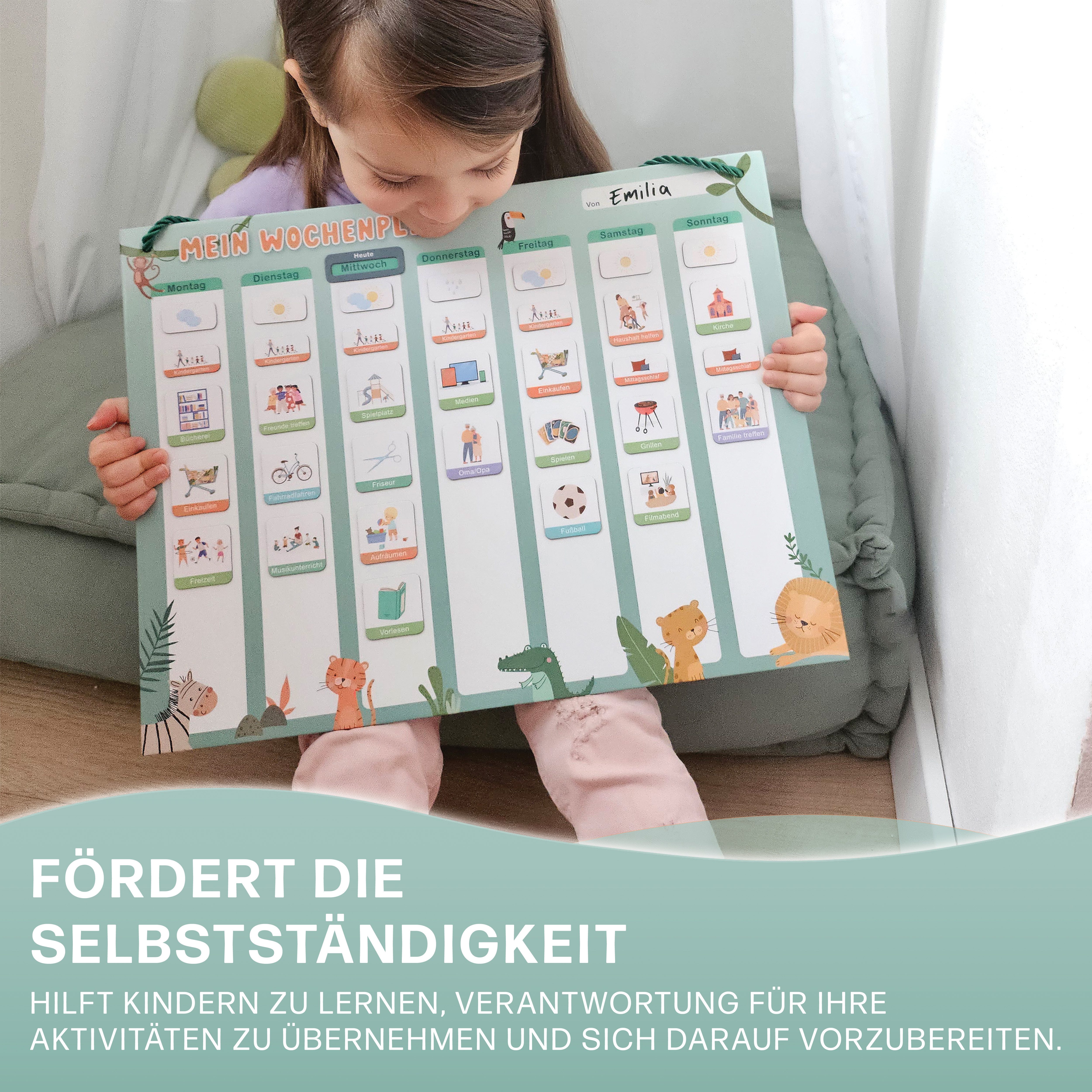 Mini Mindz Magnettafel Wochenplaner Kinder - Montessori Magnettafel mit 200 Magnete & Stift, Mit Kordel - Komplett beschreib- und abwischbar