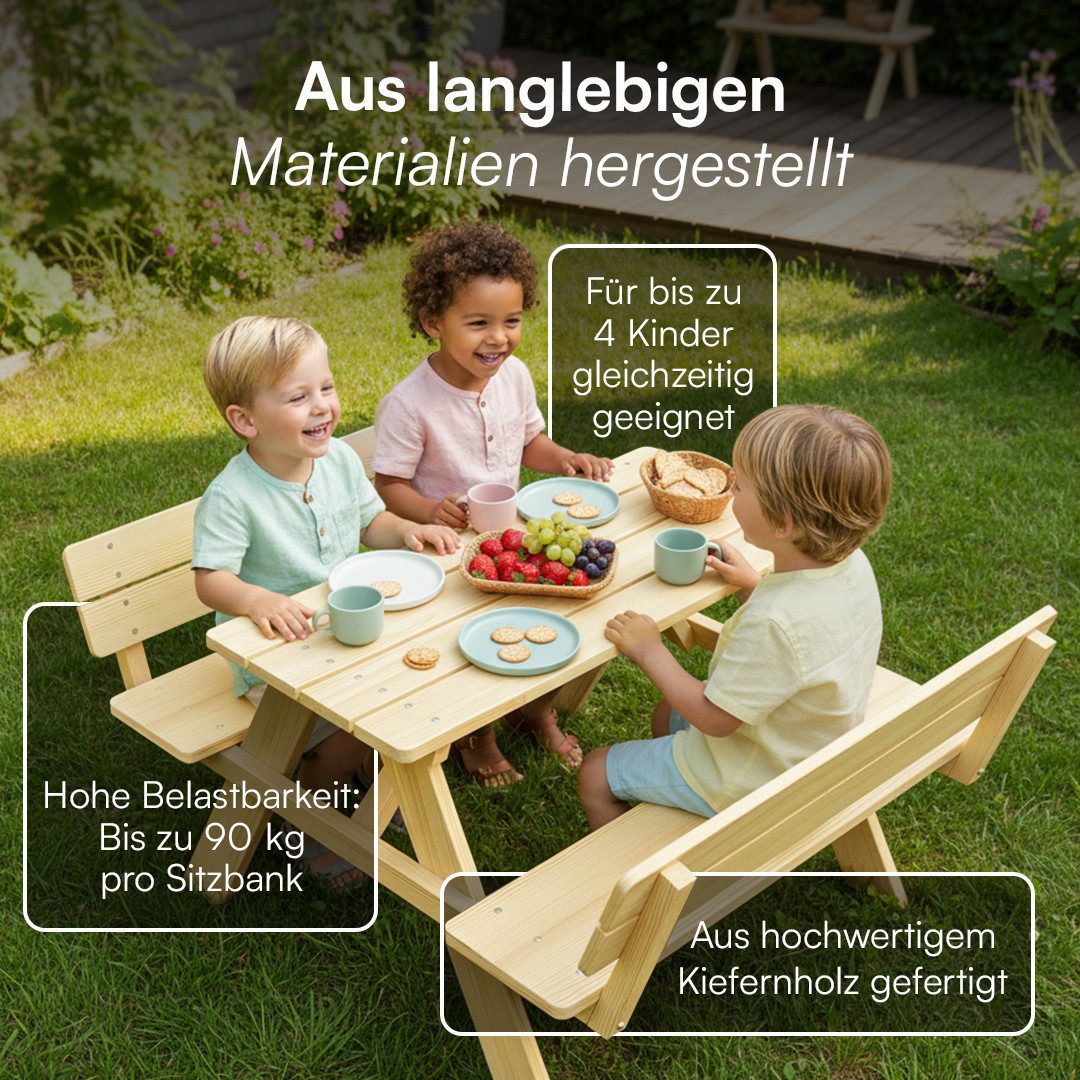 Bellabino Kindersitzgruppe Inny Outdoor-Bank aus Holz, (Tisch und Bänke mit Lehne, Sitzgruppe), für 4 Personen, unbehandelt, Kindermöbelset aus Kiefer Massivholz