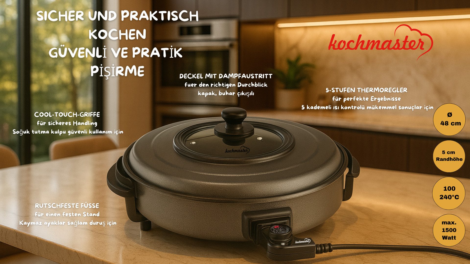 kochmaster Elektrische Pizzapfanne KOCHMASTER Multifunktionale Pizza Pfanne 48 cm x 5 cm