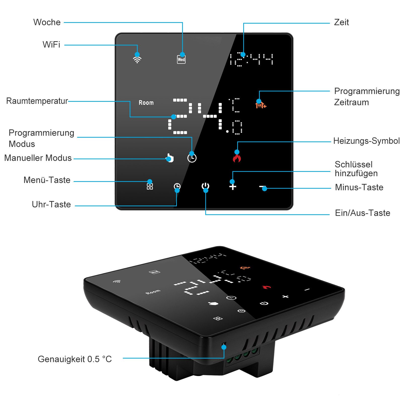 CONENTOOL Smart Thermostat, max. 250 V, Electronic, (1-pc., 16 A, Weekly Programmable, Touchscreen), WiFi Room Thermostat