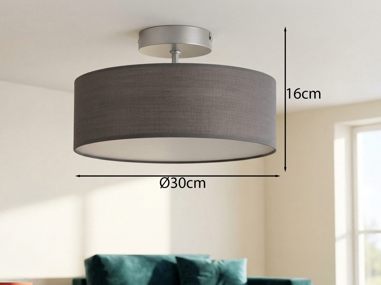 meineWunschleuchte Deckenleuchte mit Stoff Lampenschirm Grau Ø 30cm, ohne Leuchtmittel, kleine Stoff-Lampe, gemütliche Deckenlampe, E14 Schlafzimmerlampe – Bild 3 von 5