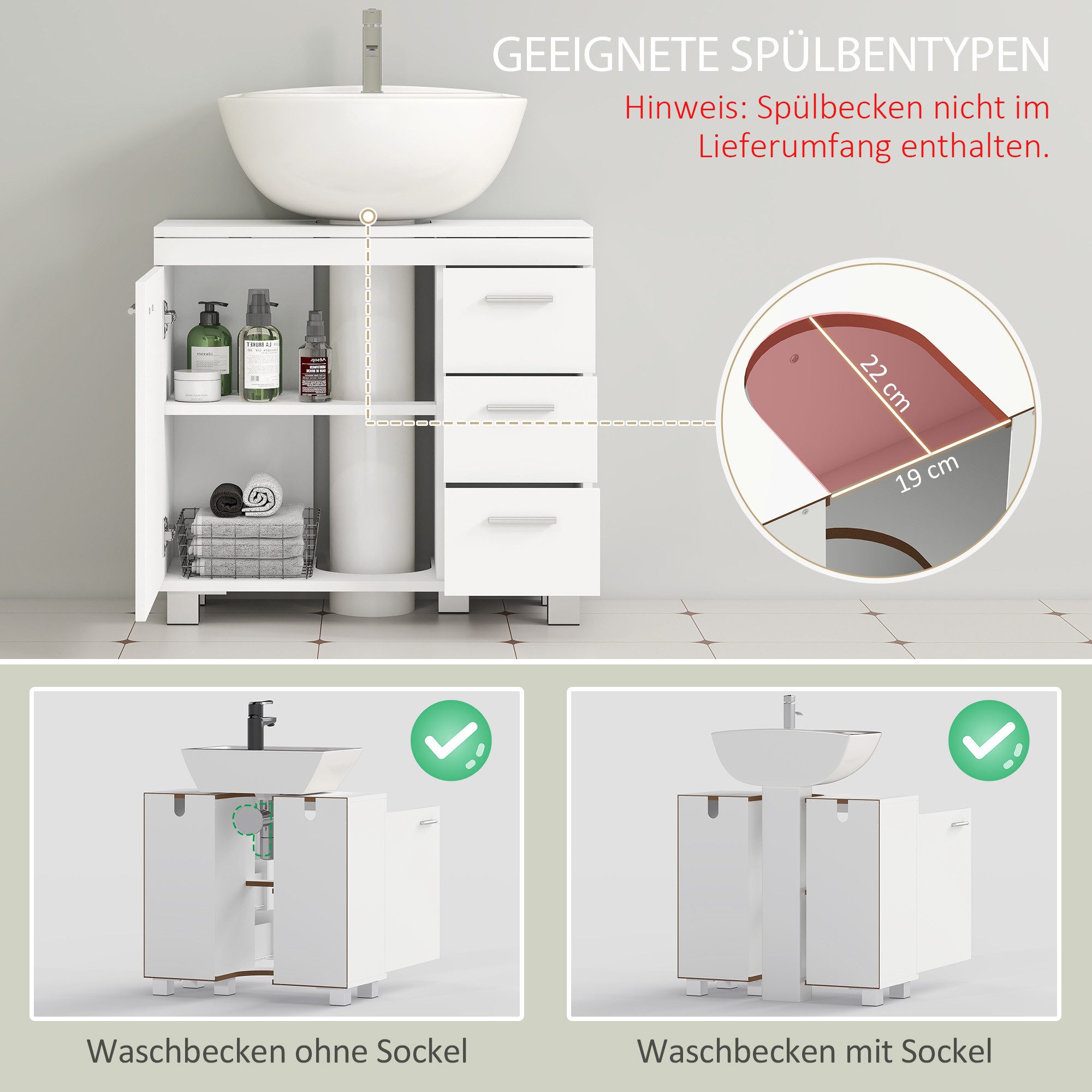 HOMCOM Waschbeckenunterschrank Unterschrank mit Schubladen Soft-Close Tür Badschrank (Unterschrank, 1-St., Badezimmerschrank) für Badezimmer 70 x 30 x 64 cm Wei – Bild 4 von 5
