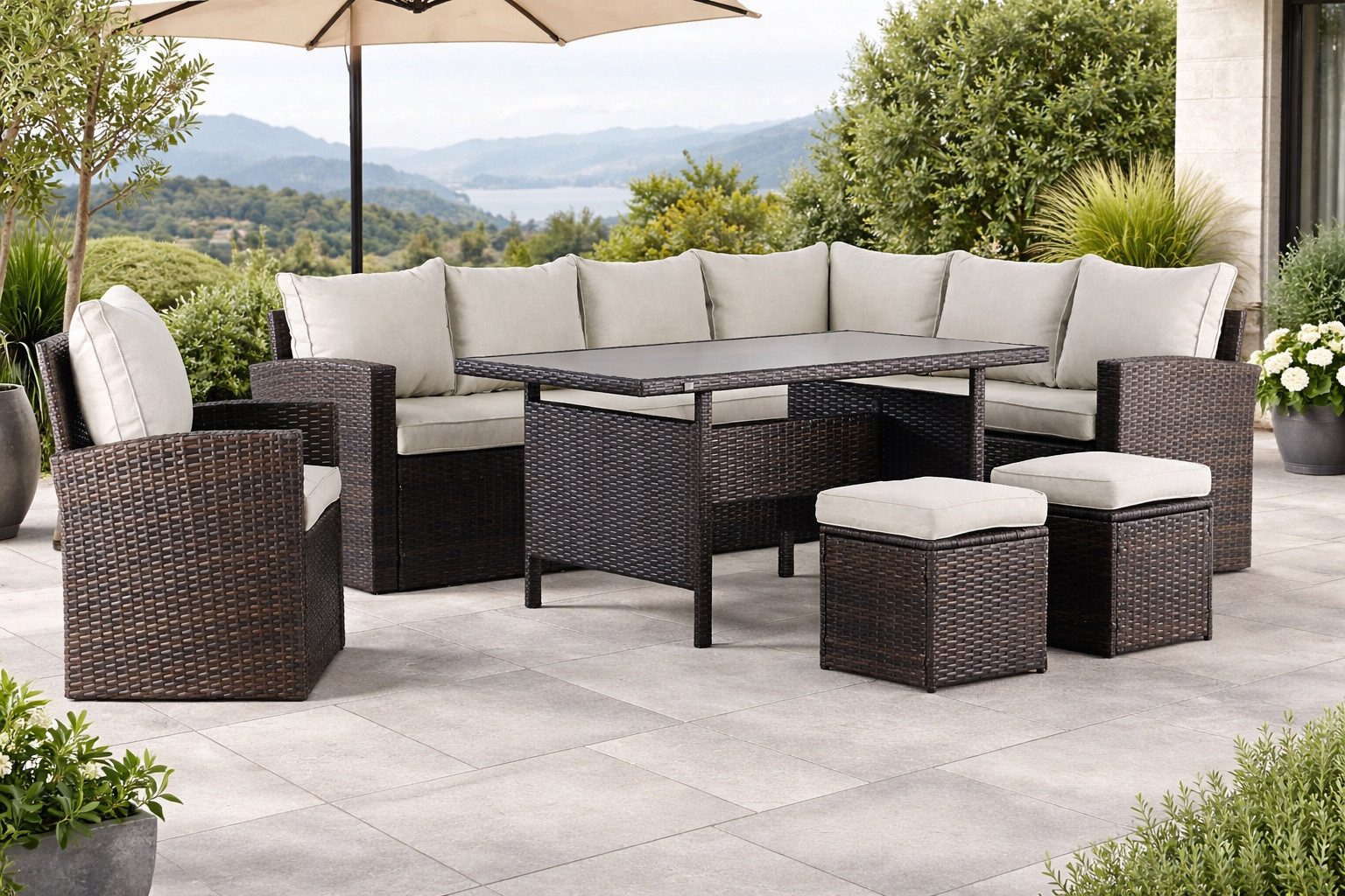 MANDALIKA Garden Gartenlounge-Set Milos XL Lounge braun / Polyrattan / Gart günstig online kaufen