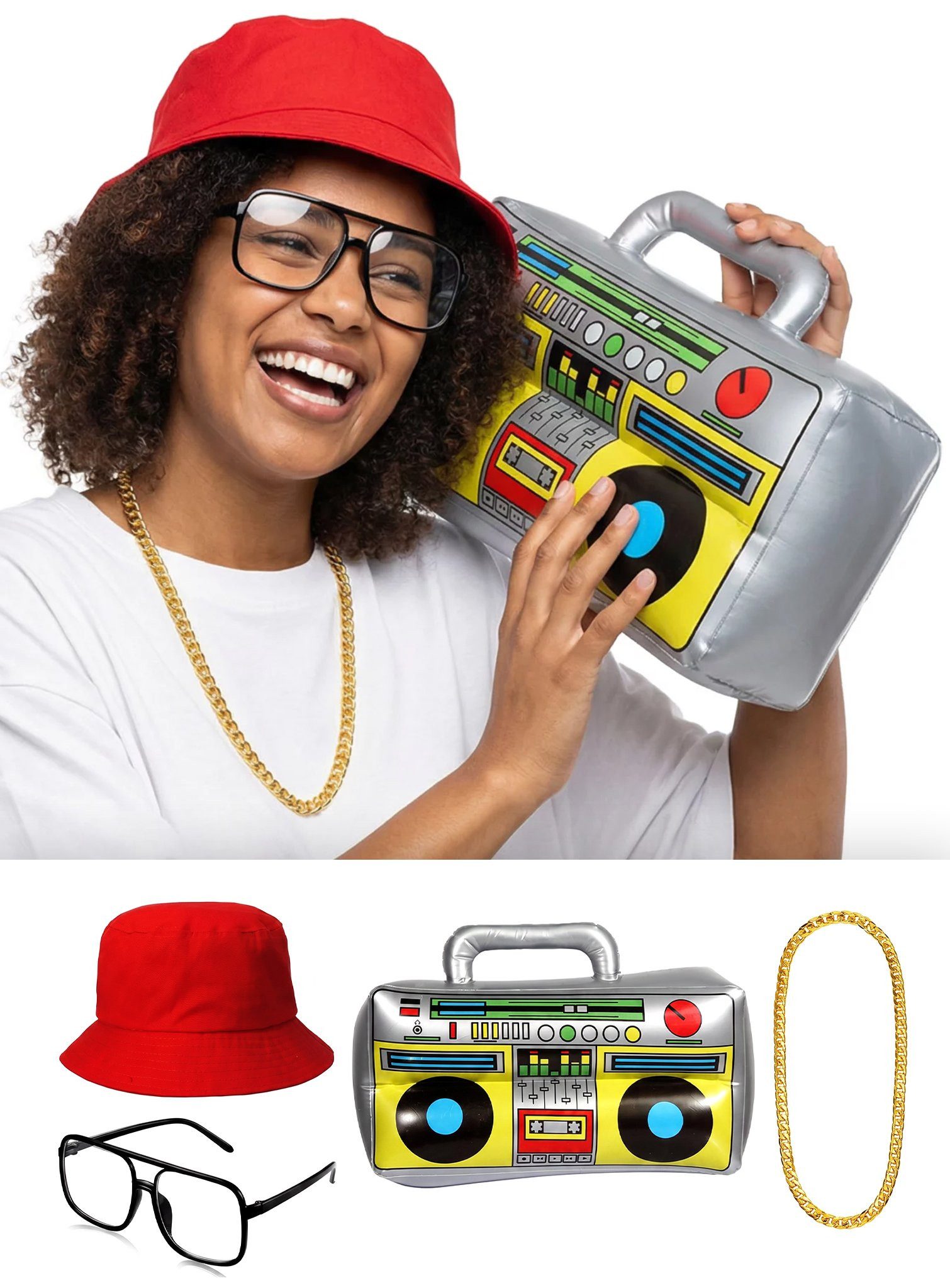 Metamorph Kostüm 80er Hip Hop Accessoire-Set, Mit diesem Oldschool-Rap-Zubehör ist eine Breakdance-Einlage Pflicht!