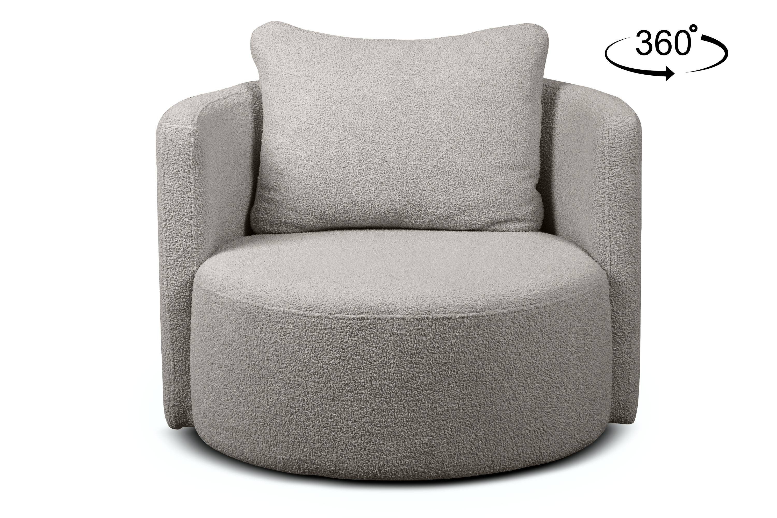 Konsimo Drehsessel Loungesessel RAGGI, mit Kissen inklusive Bouclé-Stoff, dekorativem Drehfunktion, 360°