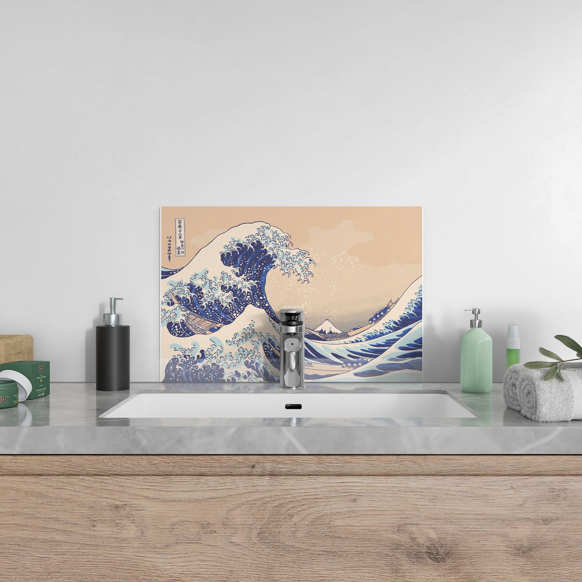 vor Küchenrückwand Glas Badrückwand 'Große Welle Kanagawa', Spritzschutz Herdblende DEQORI