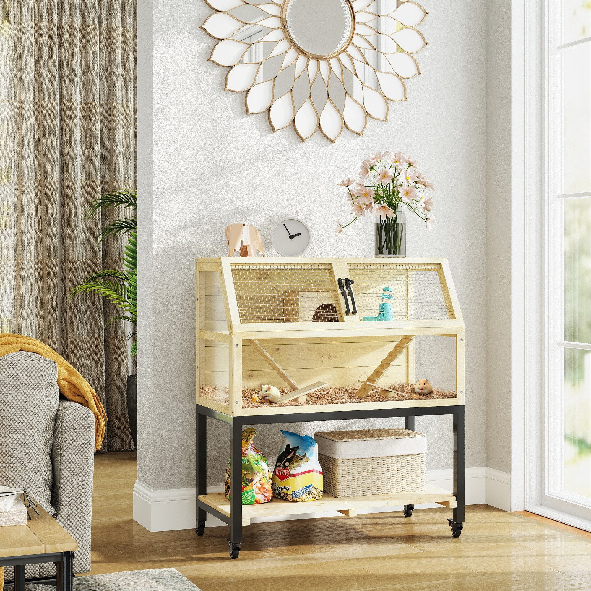 PawHut Kleintierkäfig Zwerghamsterkäfig aus Holz, 87 x 43 x 101 cm Nagerkäfig, mit Ablagefläche, Wasserflasche, Hütte, Wippen, Rädern, Rampen