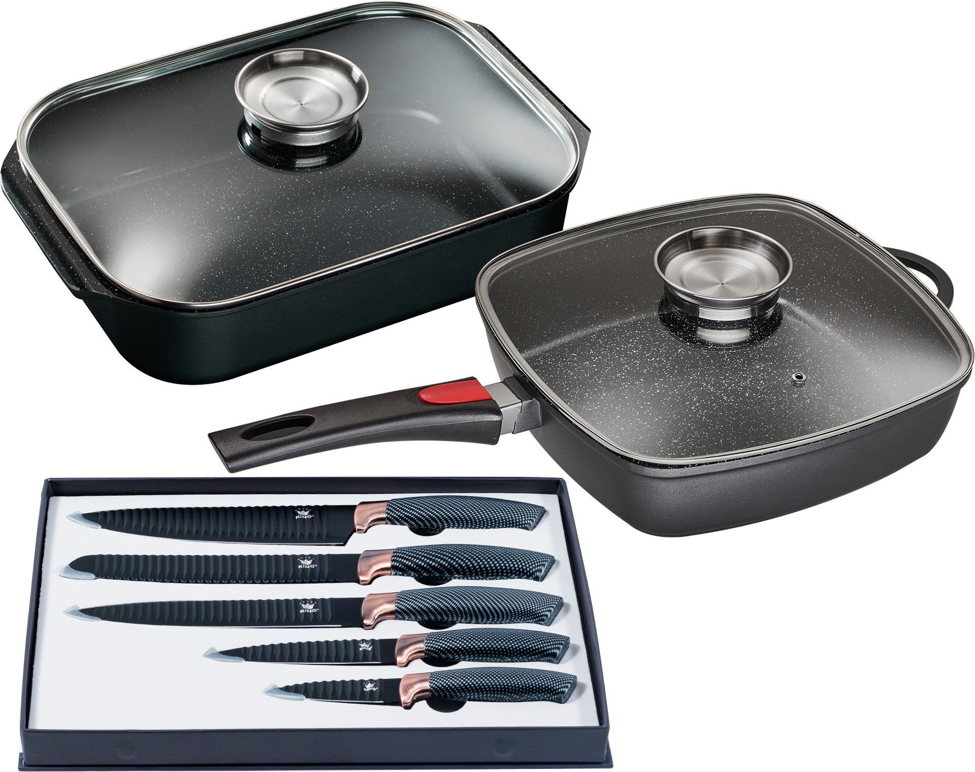 KING Pfannen-Set Square, Aluminiumguss (Set, 7-tlg., 1x Eckpfanne 28x28 cm, 1x Bräter 40x26 cm, 1x Messer-Set (5-teilig), Induktion, inkl. Messer-Set