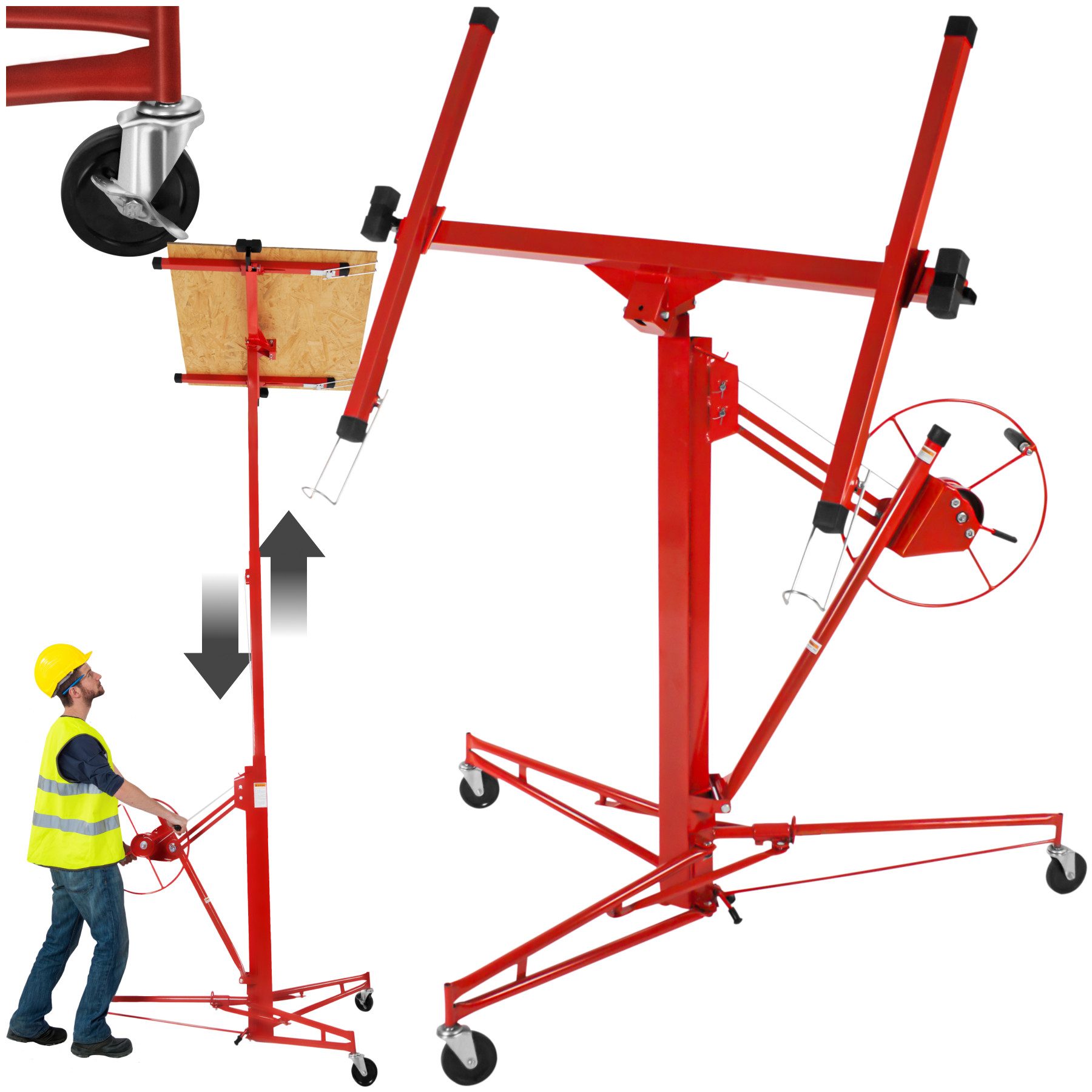 tectake Plattenheber Montagehilfe für Deckenplatten, höhenverstellbar und neigbar, Trockenbauhilfe, 1-tlg.], in Rot, Für 1-Mann-Bedienung, Tragkraft bis 68 kg, stabile Stativfüße