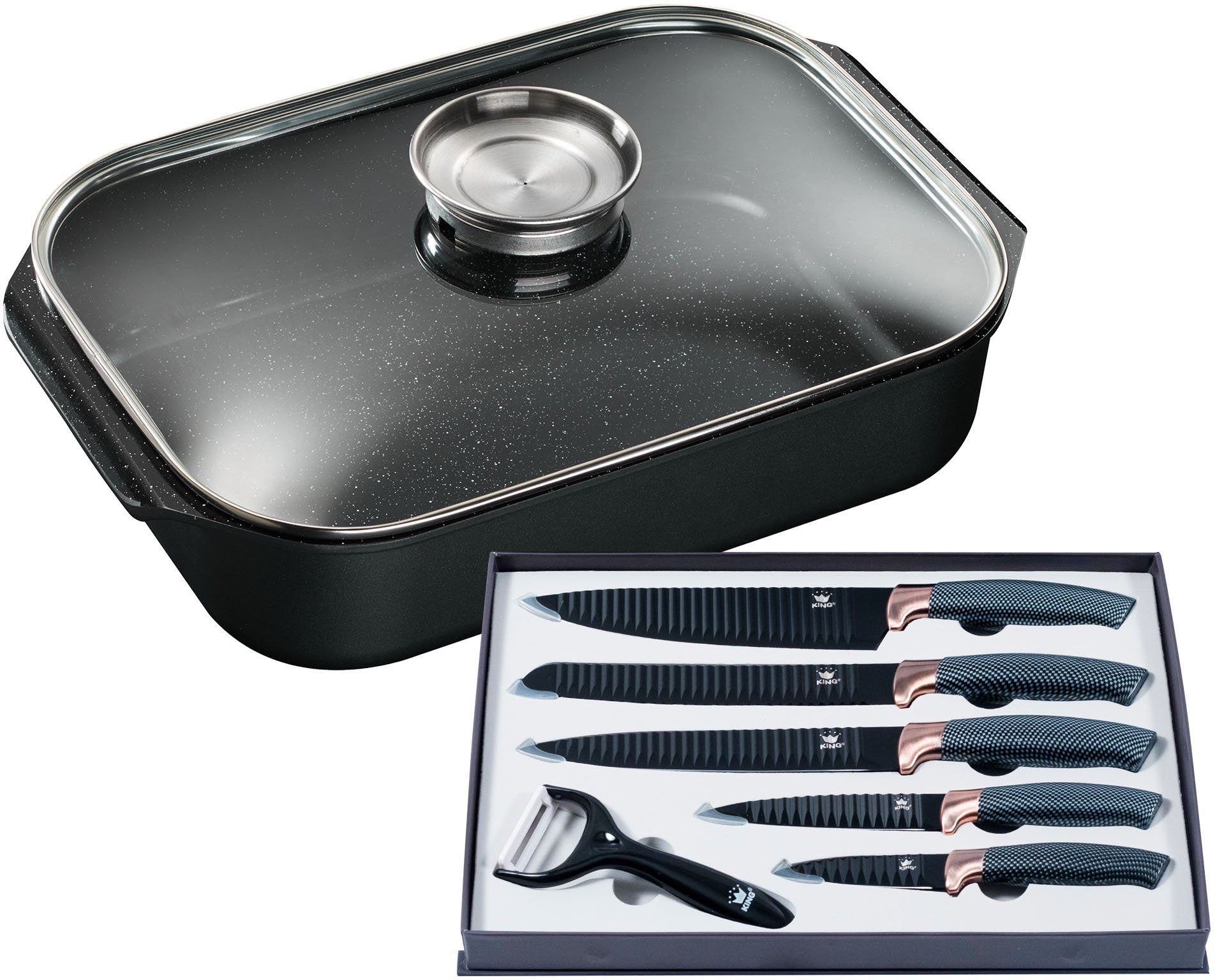 KING Bräter, Aluminiumguss (Set, 8-tlg), Bräter-/Schmortopf+Glasdeckel,Keramikbeschichtung»Fusion«