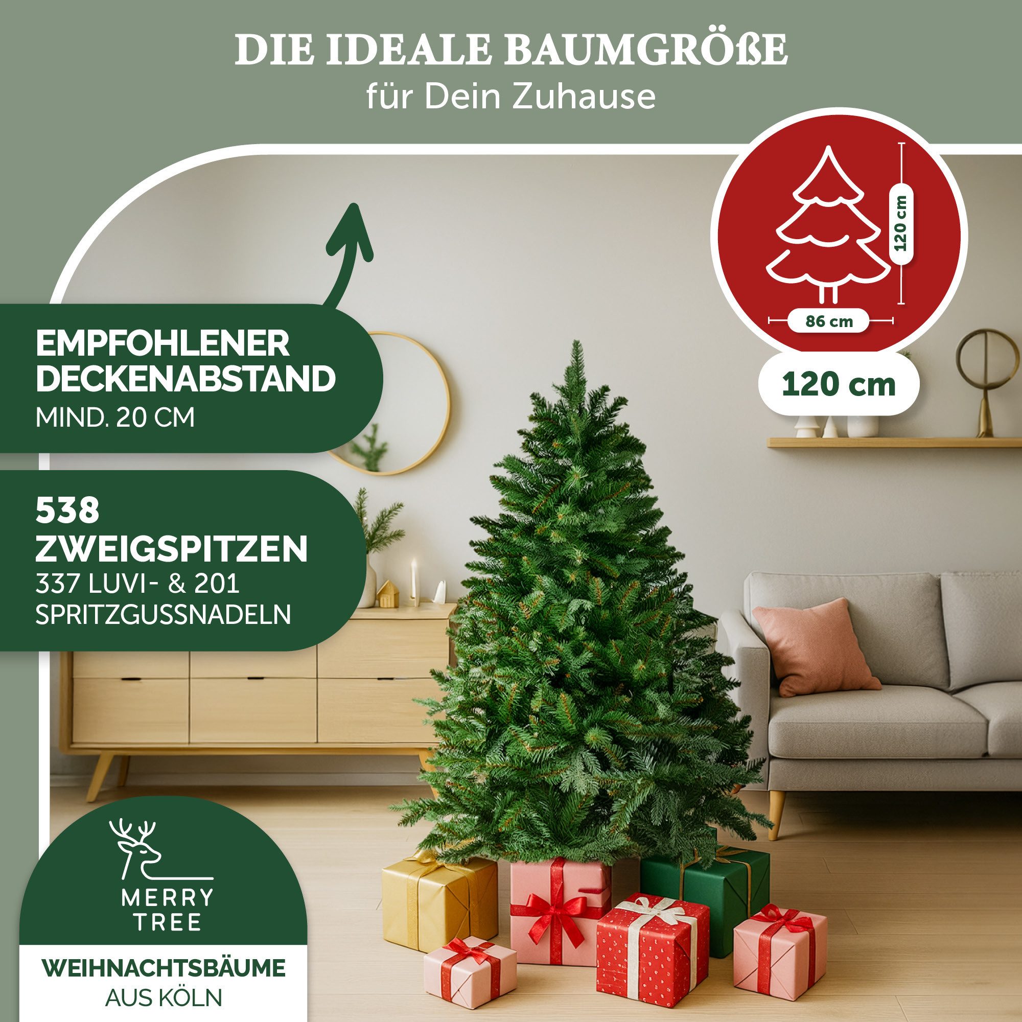 MERRY TREE Künstlicher Weihnachtsbaum Premium künstlicher Weihnachtsbaum aus naturgetreuem PVC + PE, Nordmanntanne, Spritzguss Mix mit Holzfuß