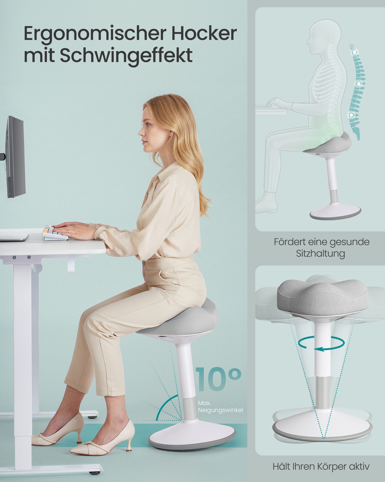 SONGMICS Arbeitshocker, Stehhocker um 360° neigbar, Schreibtischstuhl, Anti-Rutsch