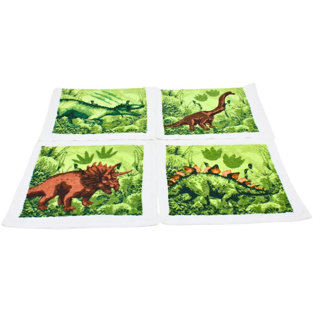 Dekohelden24 Tragetasche Magisches Baumwoll - Handtuch im 4er Set als Dinosaurier, Größe H/B ca. 30 x 30 cm